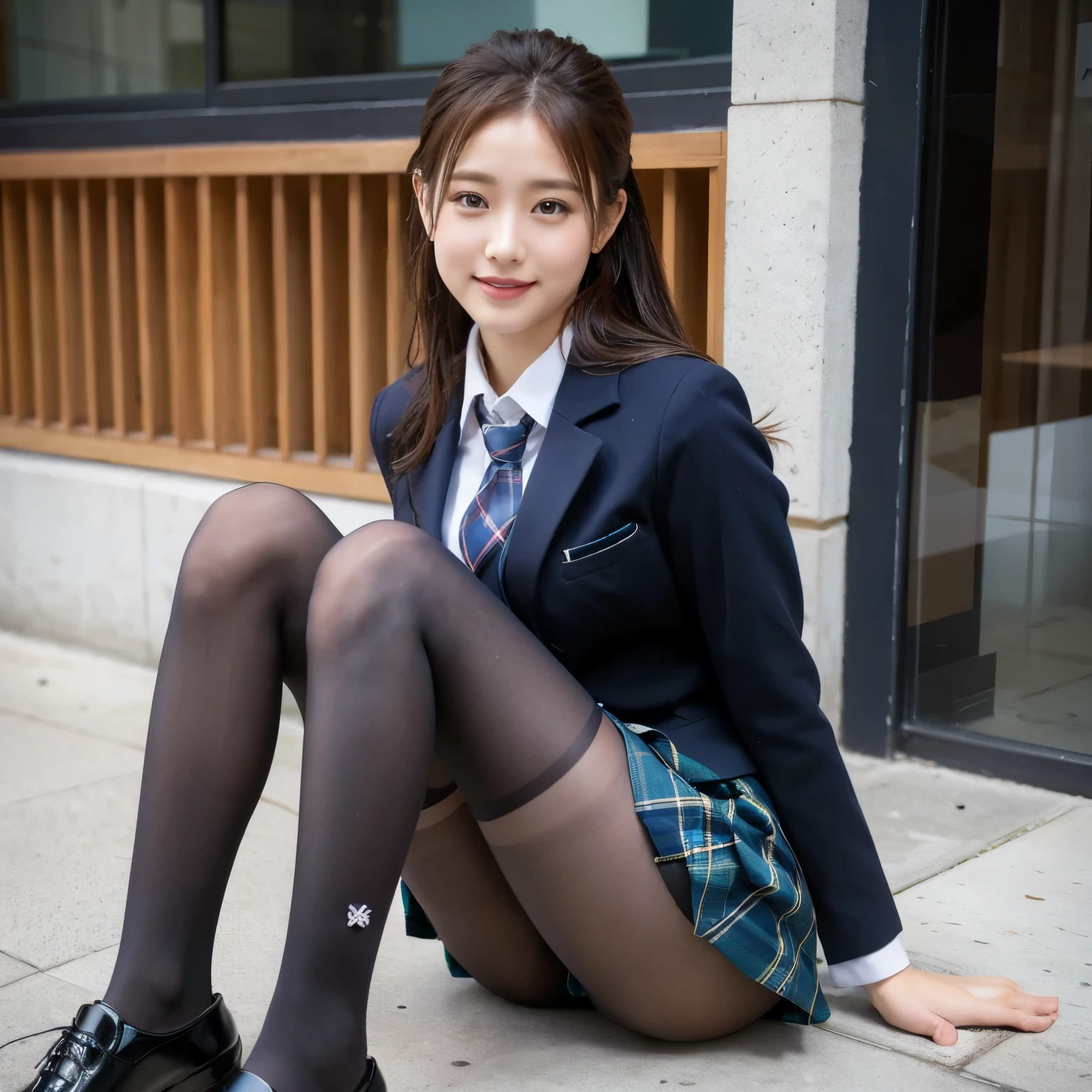 (8k), (highest quality: 1.2), (Realistic), (Realistic: 1.37), Ultra-high resolution, (1 girl), cute, smile, Mouth closed, Beautiful details, Beautiful Nose, Wet Hair, Giant Dulcefo, pork, Thighs，Self Snap,University uniform,A simple blazer,Pleated skirt,(The skirt and tie are tartan checked....:1.3),(Sitting:1), Sit on the ground,(Hug your feet:1),Opaque tights,from the front