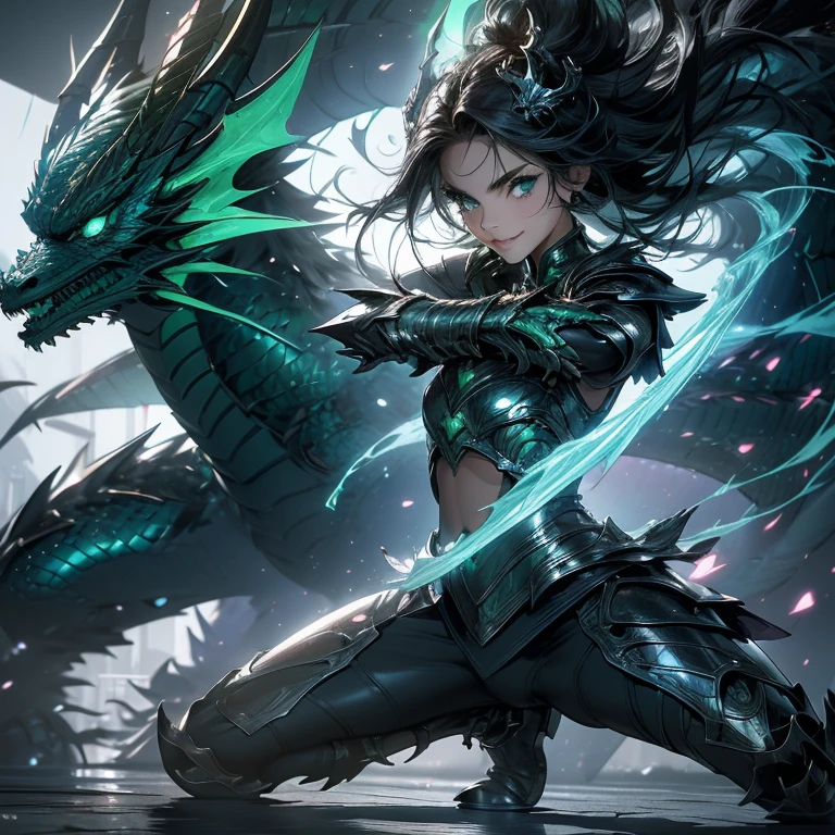 A girl, fierce expression, ((blue and green aura around her, malevolent energy)), wearing, ((hairdresser, dragon armor, Dragon helmet)), ((shiny jade armor:1.2)), ((Poses moving:1.4)), (full body), China, walls, landscape destruction, detailed scenery, the girl has (Messy hair, shiny black hair:1.2), (Beautiful and detailed face with perfect symmetry), (Green eyes beautiful and detailed), (soft open lips, smile, teeth:1.2), (body with perfect anatomy, perfect natural texture, high details, shiny skin) cinematic lighting, vivid colors, detailed illustration, depth of field.