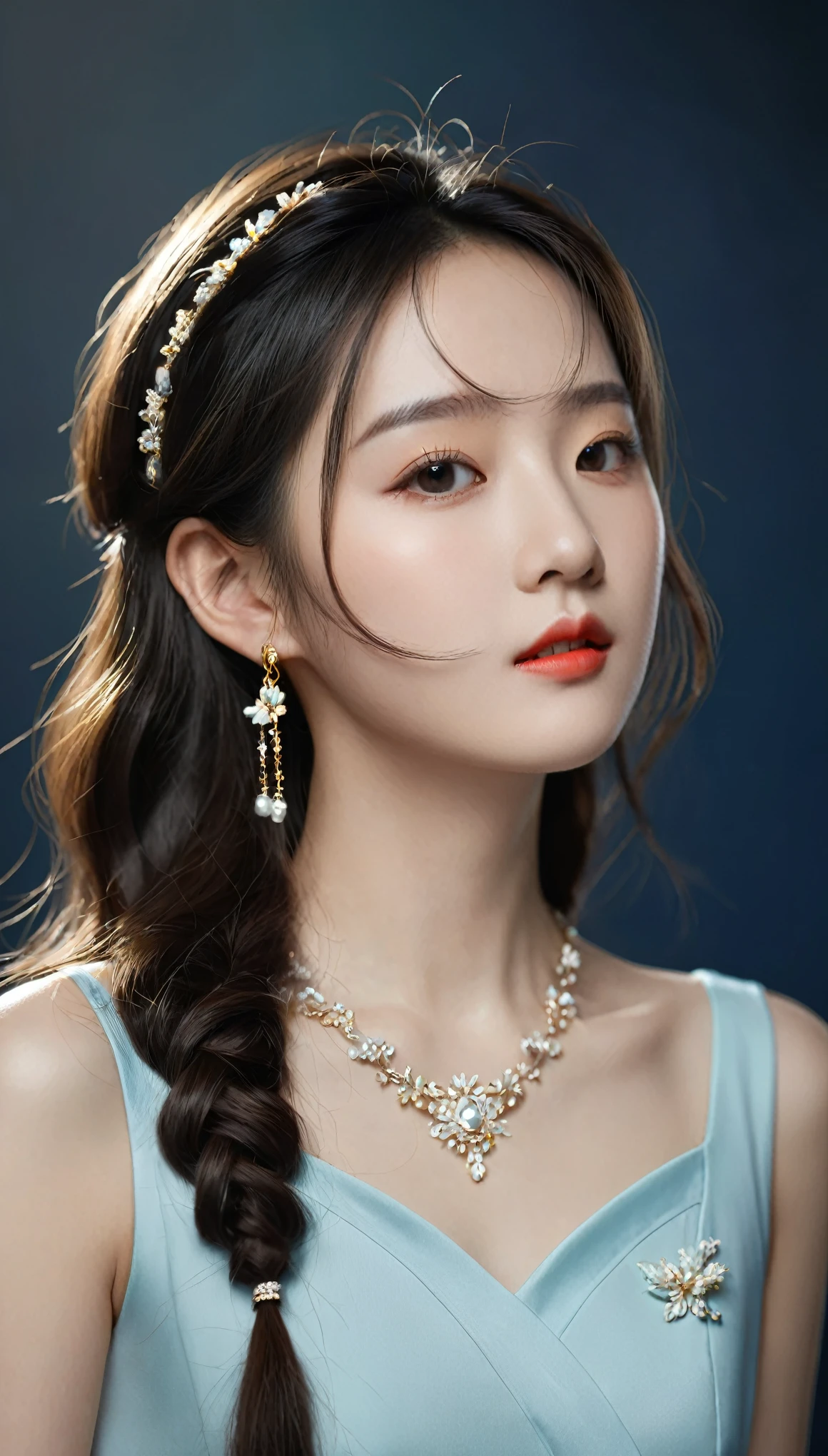 best quality, masterpiece, high resolution, 1 Girl, China dress, Hair accessories, necklace, jewelry, Pretty Face, Physically, Tyndall effect, Practical, Dark Studio, Side lighting, Two-color lighting, (High Detail Skin: 1.2), 8K Ultra HD, DSLR camera, Soft Light, high quality, Volumetric Light, frank, photo, high resolution, 4K, 8k, Background blur,
