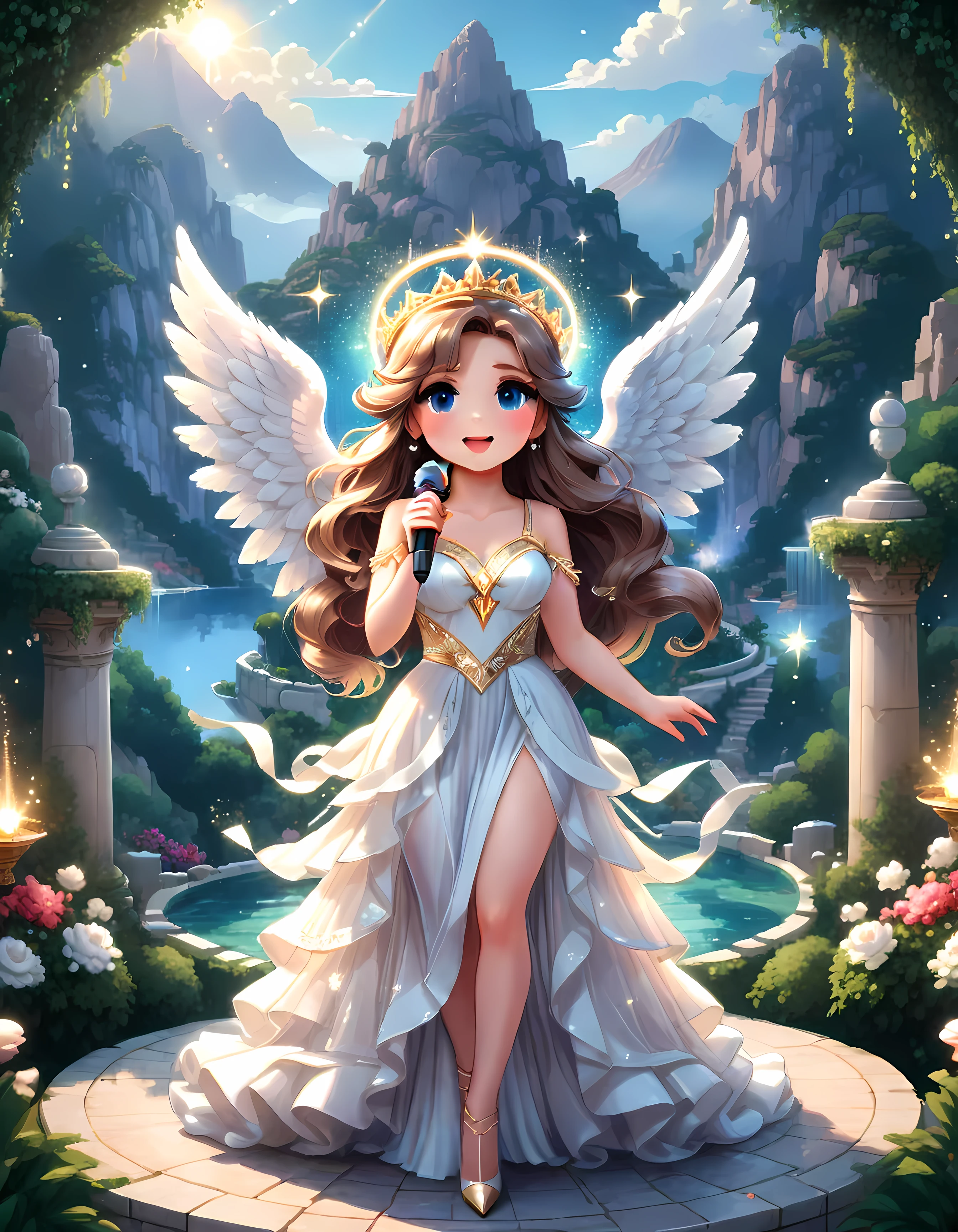 Bright epic professional cute cartoon pixel illustration, (masterpiece in maximum 16K resolution, superb quality, ultra detailed:1.3), (French angelic idol in stunning sleek dress) singing on a luxurious round stage atop the majestic peak, magic Greek garden, sparkles amidst the ethereal misty realm, natural lighting.