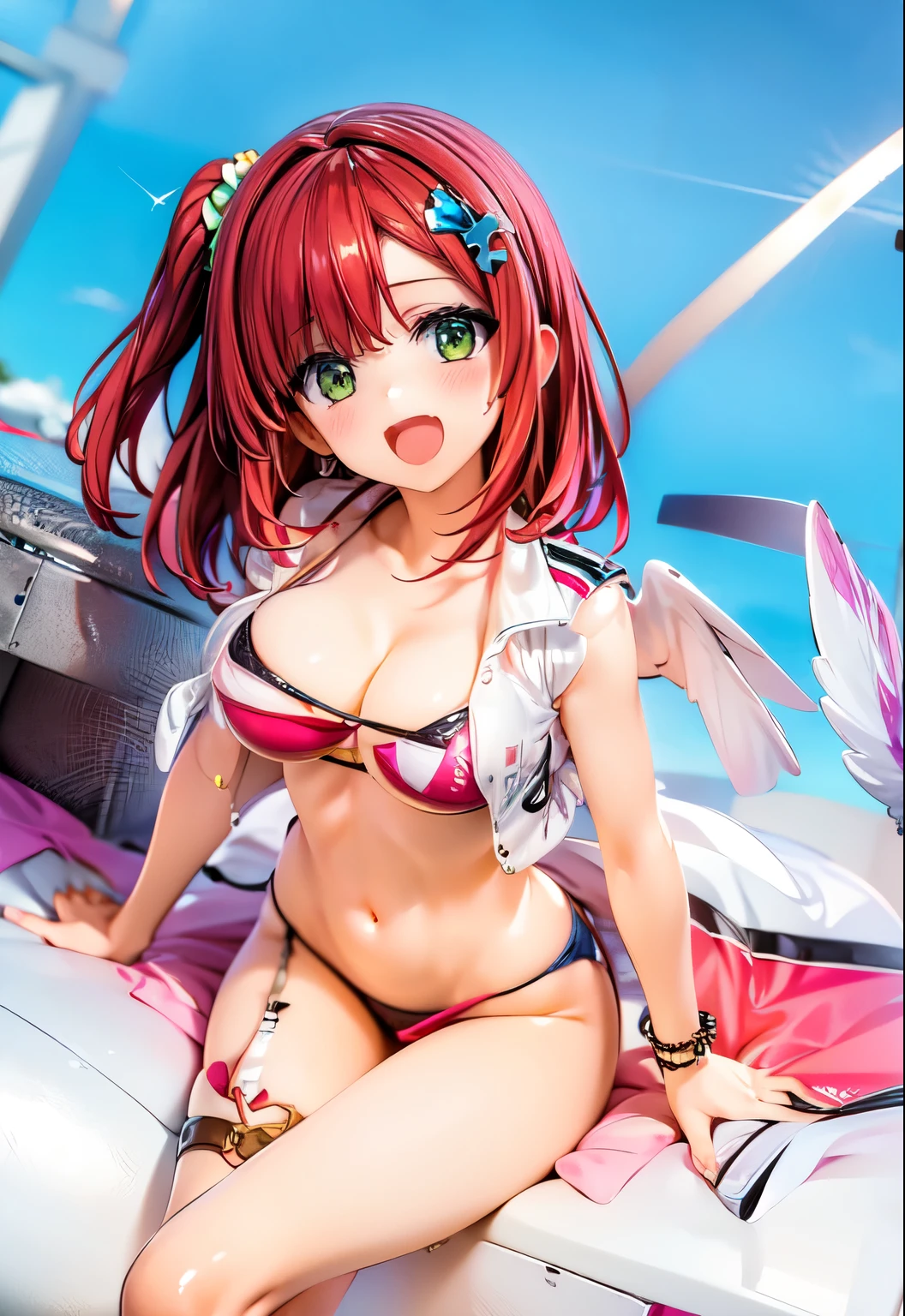 best quality, masterpiece, extremely detailed CG, official art , professional lighting, detailed background, sakimiyairuka, red hair, green eyes, one side up, medium hair, green scrunchie, hair ornament, gleaming skin, big breasts, micro bikini