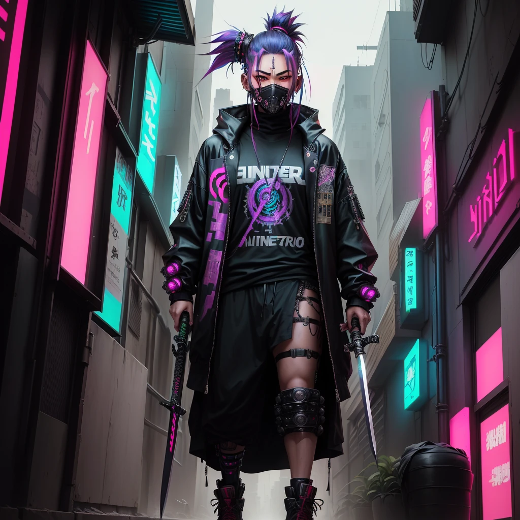 anime character with a mask and a sword in a city, cyberpunk street thug, cyberpunk samurai, samurai urbano, neon samurai, estilo de arte ciberpunk, cyberpunk art style, portrait of a cyberpunk samurai, en estilo ciberpunk, tipo ciberpunk, ropa de calle ciberpunk, anime ciberpunk, aumento del cyberpunk, tiene estilo cyberpunk, anime ciberpunk art, Ninja cyborg, very beautiful cyberpunk samurai