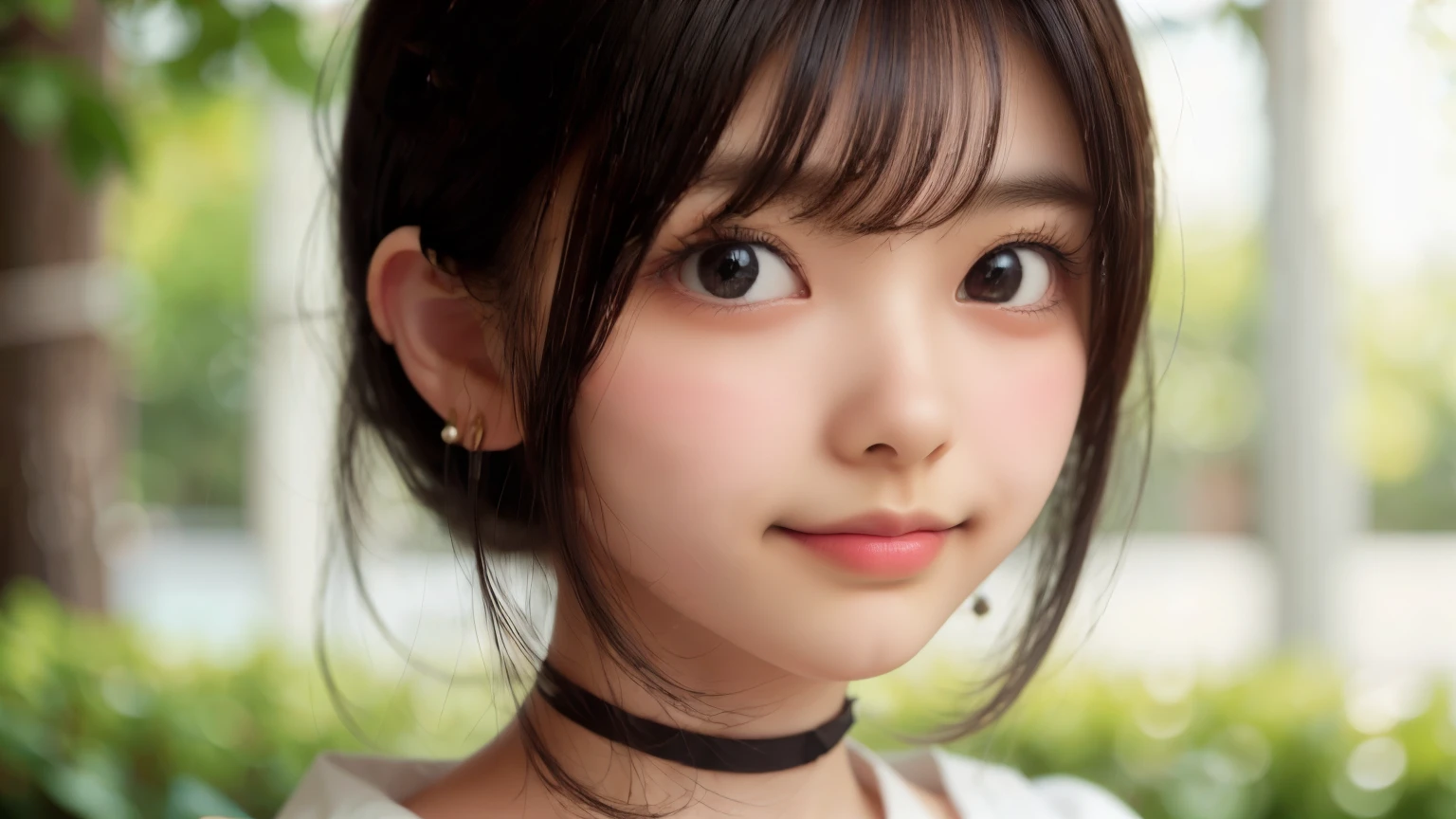 ((sfw: 1.4)), ((sfw, arms behind back, earrings, hairpin, choker, extra short hair, sidelocks-hair, smile, 1 girl)), ultra high resolution, (real: 1.4), RAW photo, highest quality, (photorealistic), focus ,Soft light,(()),((Japanese)),(((Young face))),(Surface),(Depth of field),Masterpiece,(Photoreal),Woman,Bangs,( (1 girl)