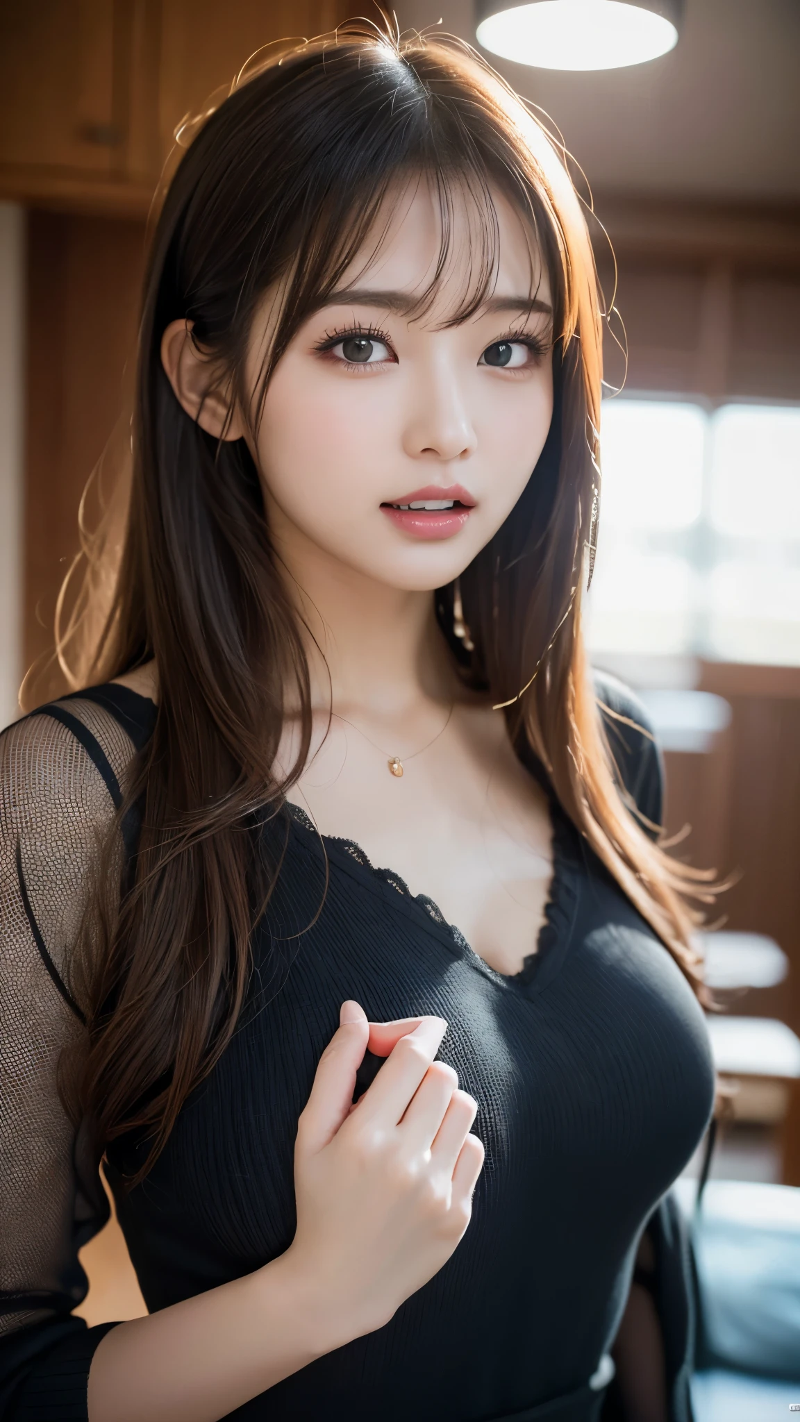 Tabletop, highest quality, figure, Very detailed, In detail, High resolution, 8k wallpaper, Perfect dynamic composition, Beautiful fine details, Natural Lip, long sleeve black knit dress, Small breasts, ランダムにcuteポーズ,RAW Photos,KPOP idol faces,cute,Face close-up,BREAK ceremony,((Random sexy poses、put in、Deep joy, Ecstatic eyes:1.2)), ((I gasp hard:1.2))、Ecstatic face、Climax expression, Through clenched teeth、My whole body is convulsing、Official Art,Very detailed CG Unity 8k 壁紙, (masterpiece:1.0),(highest quality:1.0), photo shoot, 8k, Browsing Caution, High resolution, Kodak Portrait 400, Film Grain, Lens flare brilliance,Very low camera angle, View your viewers
