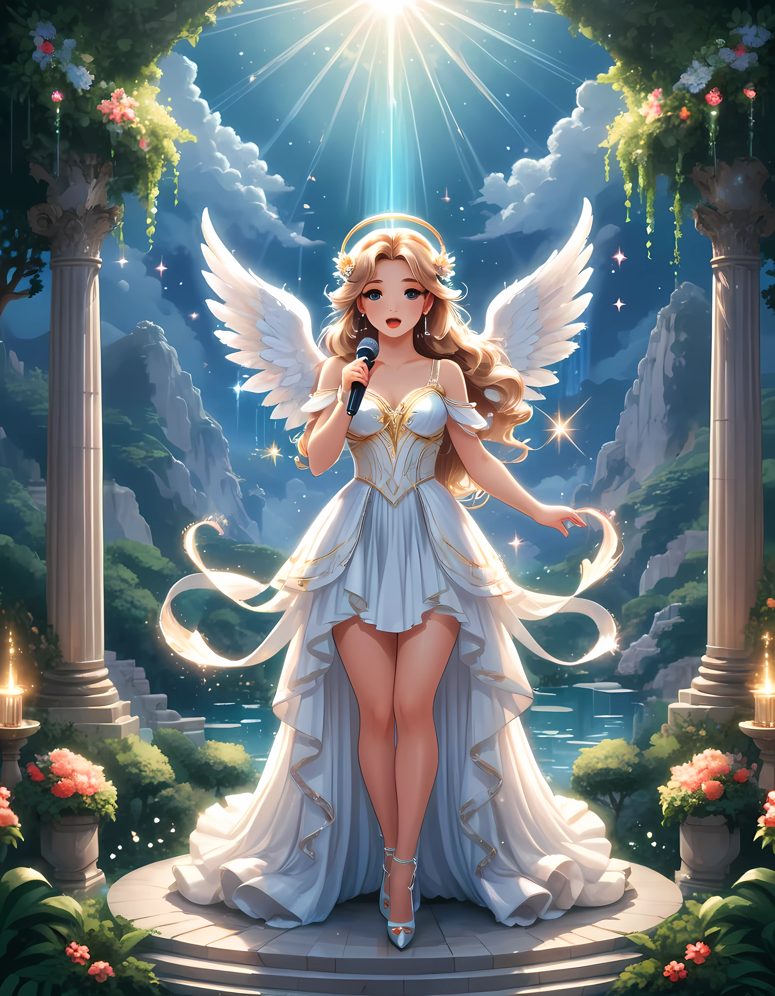 Bright epic professional cute cartoon pixel illustration, (masterpiece in maximum 16K resolution, superb quality, ultra detailed:1.3), (French angelic idol in stunning sleek dress) singing on a luxurious round stage atop the majestic peak, magic Greek garden, sparkles amidst the ethereal misty realm, natural lighting.