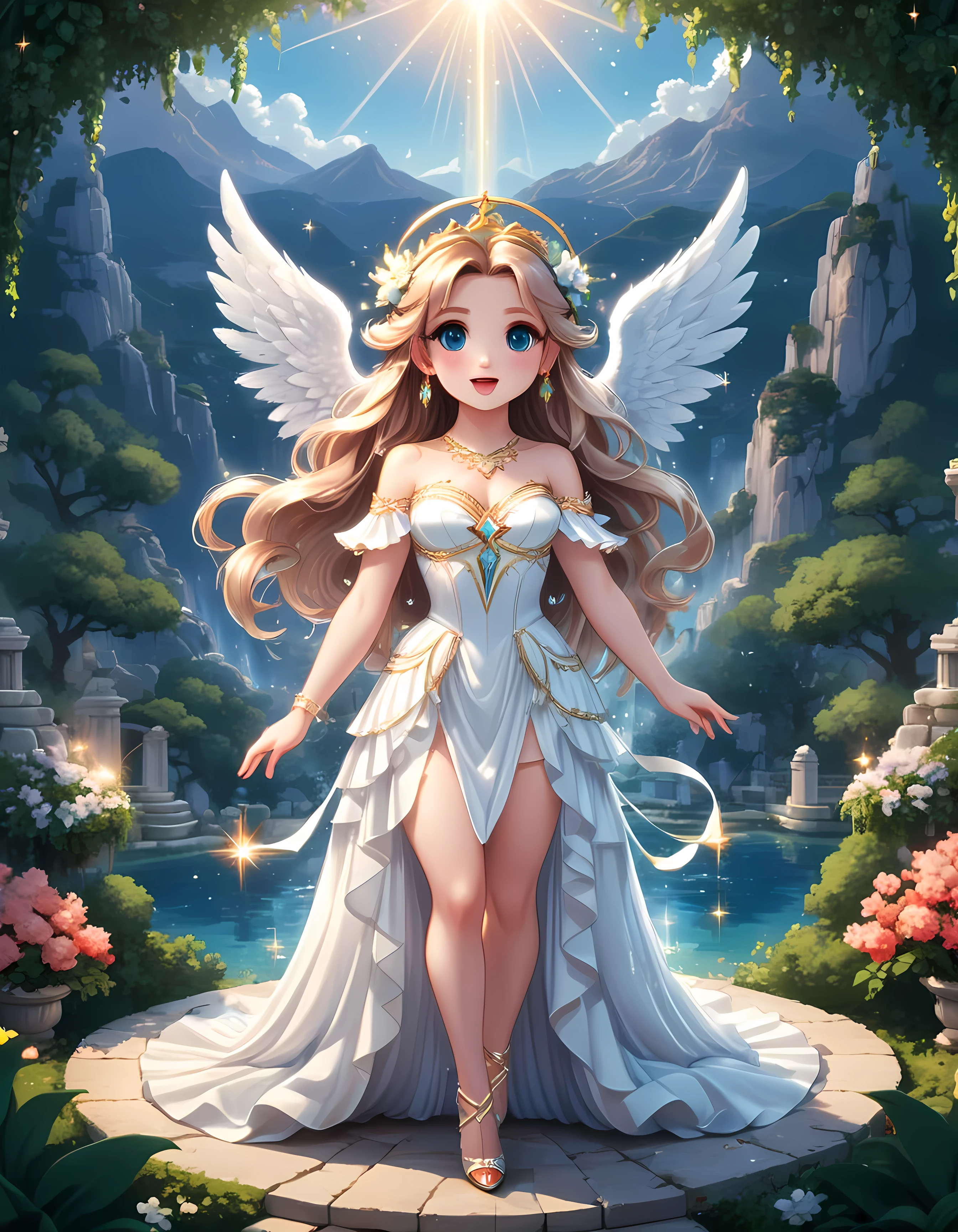 Bright epic professional cute cartoon pixel illustration, (masterpiece in maximum 16K resolution, superb quality, ultra detailed:1.3), (French angelic idol in stunning sleek dress) singing on a luxurious round stage atop the majestic peak, magic Greek garden, sparkles amidst the ethereal misty realm, natural lighting.