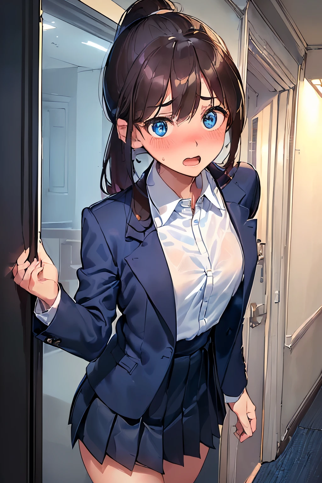 league of legends(League of Legends)Ari of, (Masterpiece:1.2), (Best Quality:1.2) 1Girl, long eyeslashes, Anime style, perfect faces, Full Lips, Smile, ahri, Black hair, The Fox Woman, Fox Ear, school uniformss, Big, Exposing