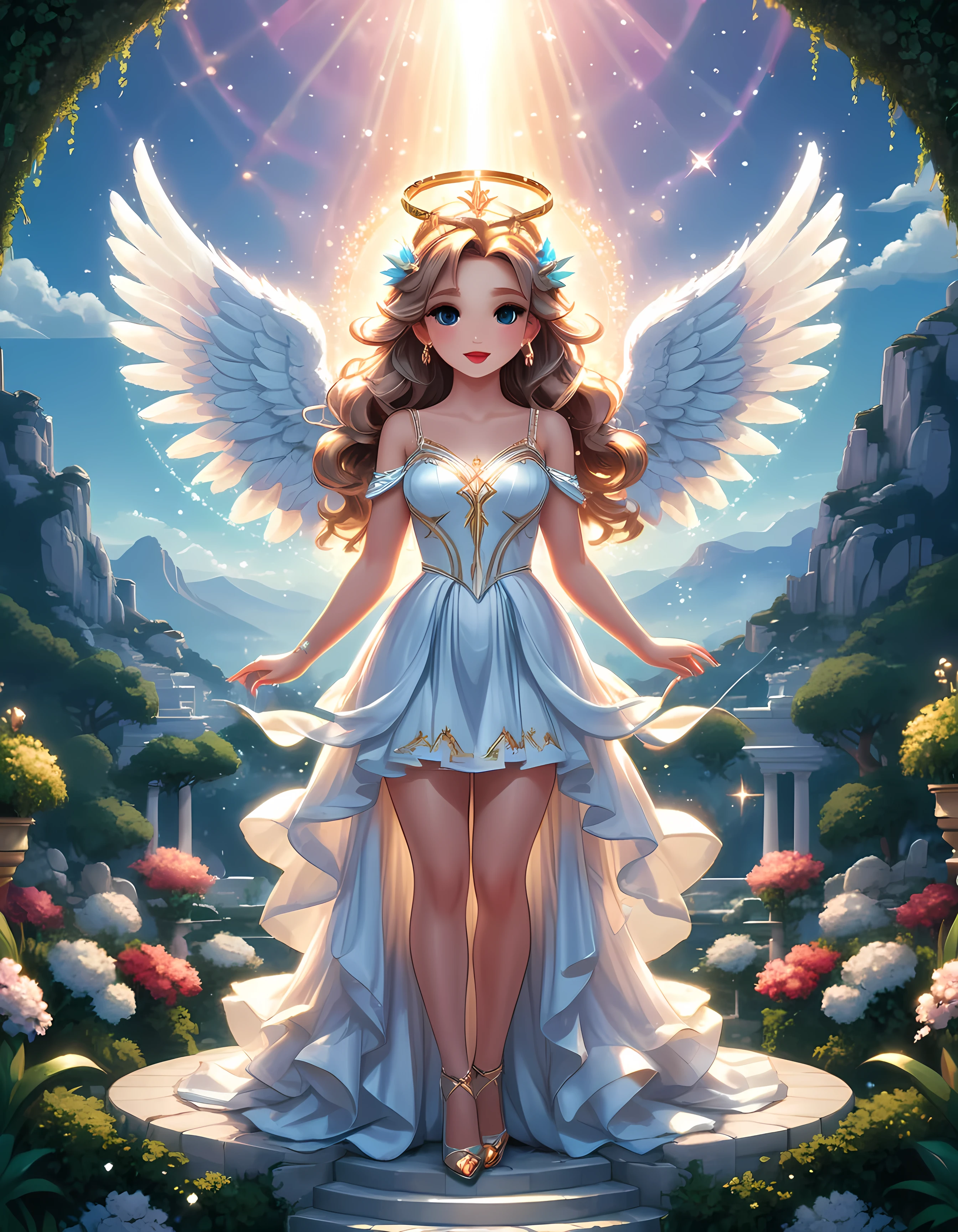 Bright epic professional cute cartoon pixel illustration, (masterpiece in maximum 16K resolution, superb quality, ultra detailed:1.3), (French angelic idol in stunning sleek dress) singing on a luxurious round stage atop the majestic peak, magic Greek garden, sparkles amidst the ethereal misty realm, natural lighting.