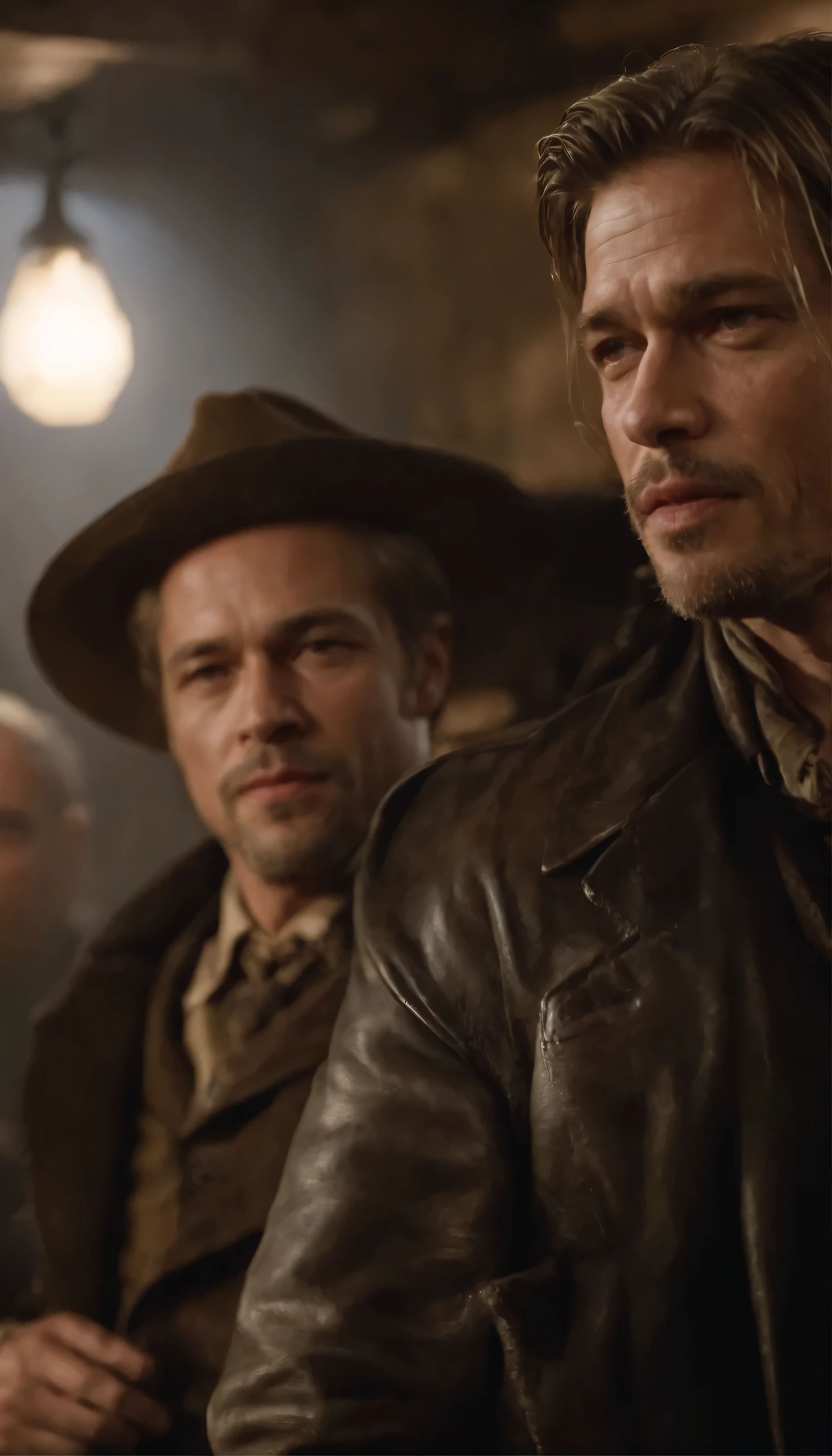 In a high-definition scene from the movie that evokes the Wild West、The film depicts legendary outlaw Billy the ???, played by Brad Pitt, standing boldly in a dimly lit bar.。With a smirk、Casually holding a gun in each hand、Point the camera straight、It exudes an aura of both menace and charisma.。This image was taken in the highest quality possible.、His weathered leather jacket、Dusty bar atmosphere、The cold steel glare of a pistol、Showing off intricate detail。This amazing video is full of cinematic drama.、A testament to the masterful artistry of modern filmmaking. A closer look at Brad Pitt's face.