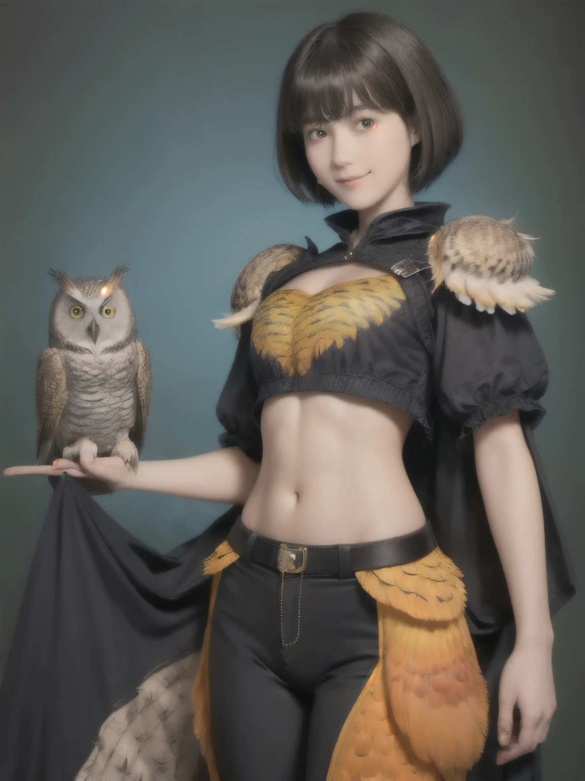 224 Short Hair, 20-year-old woman, A kind smile, (There are also colorful owls), (Rembrandt-style painting), ((machinery suit,Clothes with short sleeves)),I can see your abs