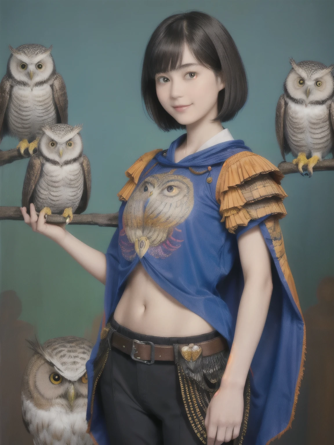 224 Short Hair, 20-year-old woman, A kind smile, (There are also colorful owls), (Rembrandt-style painting), ((machinery suit,Clothes with short sleeves)),I can see your abs