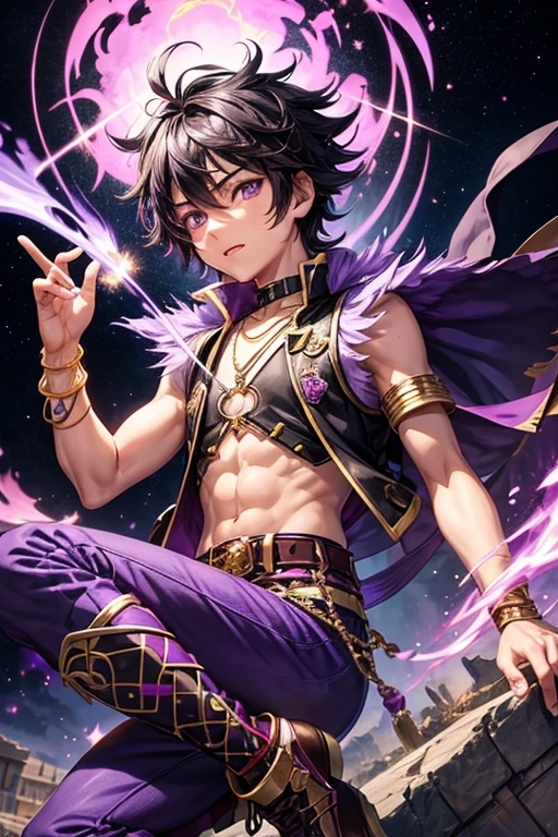  Hiro Hamada -yeld boith black hair, short, messy hair, djinn clothing, open purple sleeveless vest, gold purple vest with silver Arabic print, purple Arabic pants, gold belt, djinn bracelet with purple amethyst gems, brown boots, phosphorescent purple tattoos, surrounded by fire and purple smoke on a background of arabic ruins