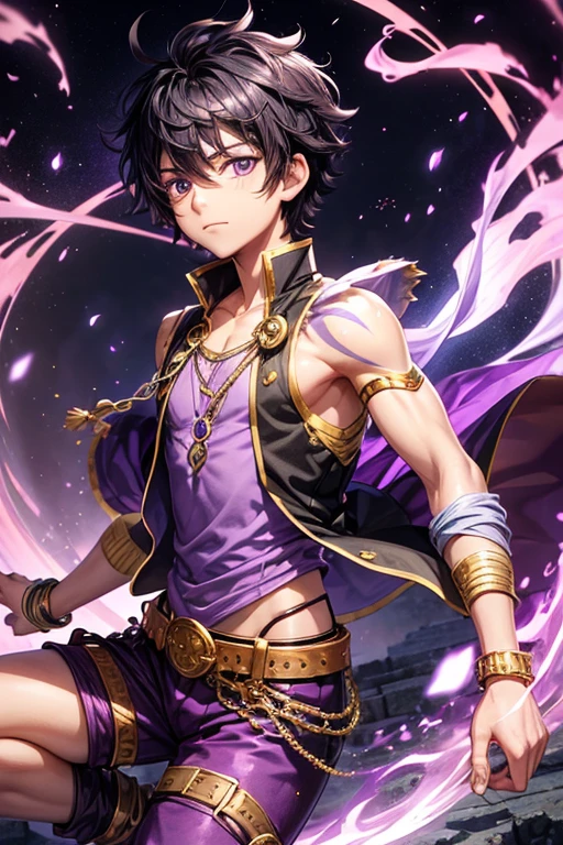 1 boy, bodybuilder, sharp cat ears, cat tail, dark purple messy hair, dark blue eyes, cosmic power, HD, masterpiece, vibrant black boots, lifeless expression, slim purple armor, wanderer_ (Genshin), open mouth, tongue sticking out, shy, ahegao, roll eyes, kneel, (NSFW:1.5), correct limbs