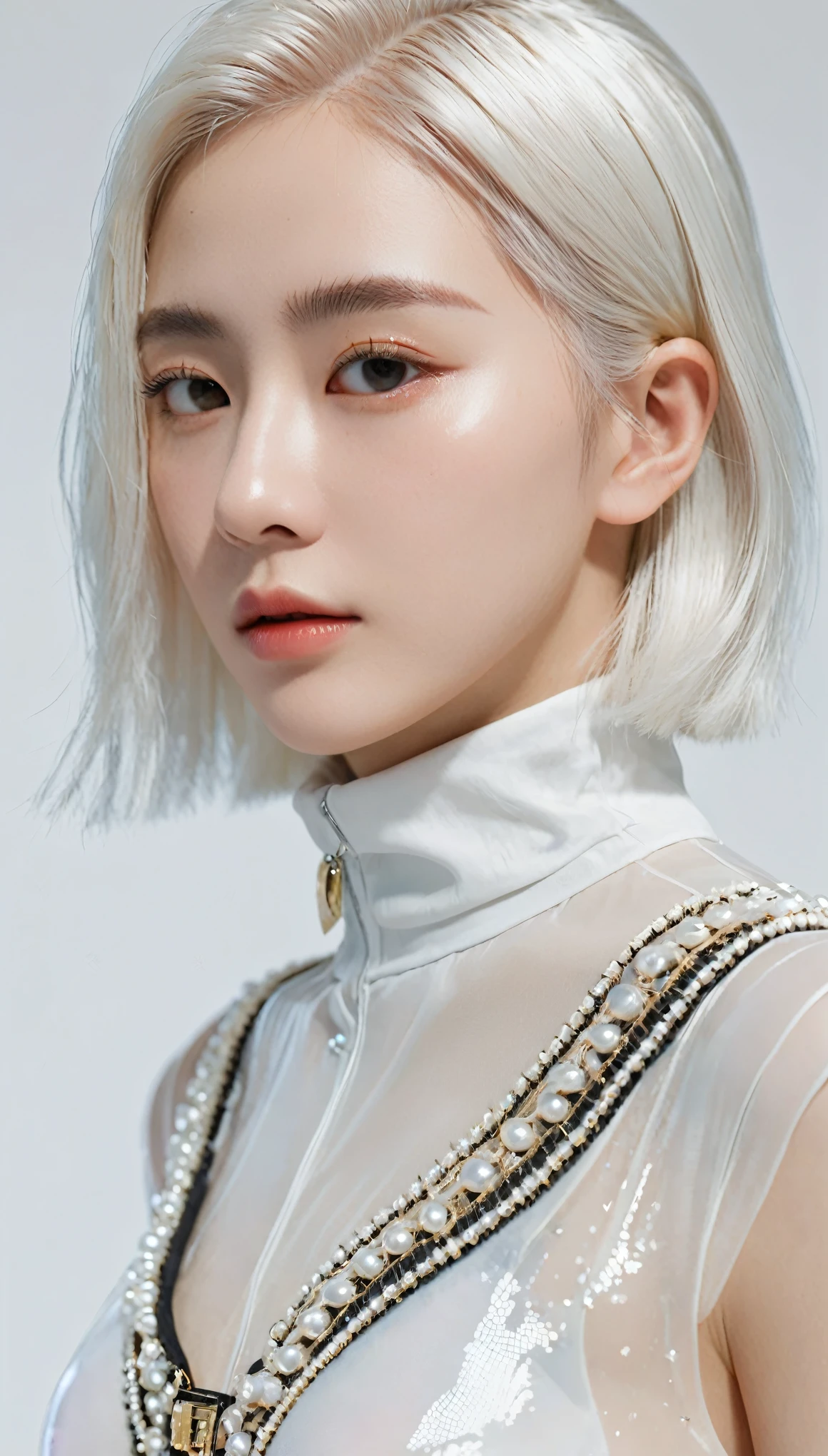 best quality,Perfect masterpiece,Perfect work of art,Official Works,8k,, (Upper body portrait:1.3),((View from the side:1.5)),Close-up lens,Delicate face,, 17 years old,White hair女孩,(White hair:1.5),Short and medium-length hair,((White transparent eyes:1.5)),(White Dress:1.2),(Transparent clothing:1.2),(black background:1.3),, Pearl hallucination,Cyberpunk,fashion,3s materials,HD,Detailed expression,C4D,3D,Octane Rendering,Ray Tracing,Intricate details,Animated Lighting,Renderer,