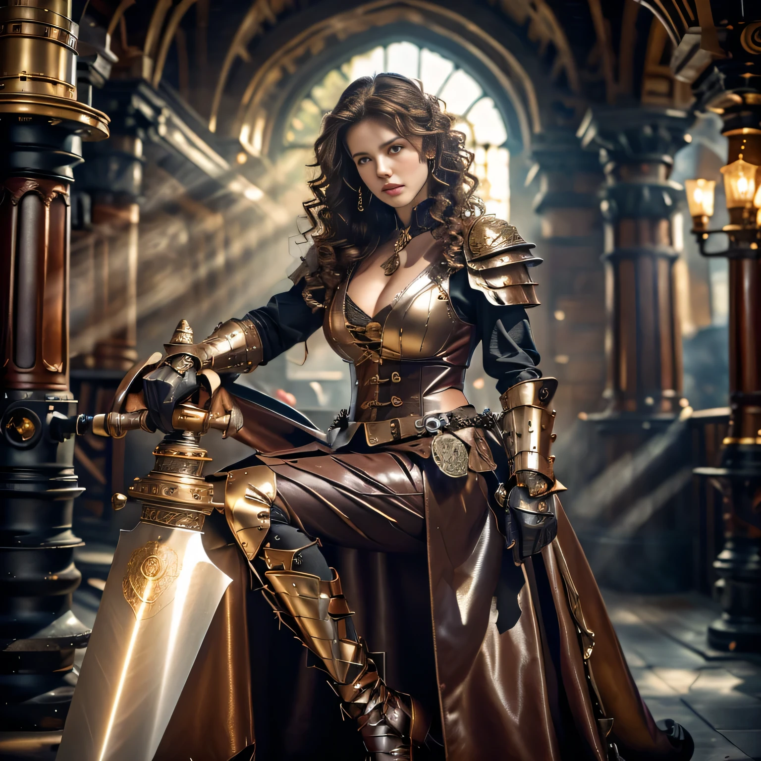 brunette, knight in intricate armor, masterpiece, best quality, realistic, hyperrealistic, 16k hdr, photorealistic, cinematic, medieval scene, knight's throne view, 25yo, voluptuous woman,(brown hair, cascading curls:1.3),brown leather armor,enhanced breas front,seated,chest focus,chainmail, gloved hands resting on sword, dramatic lighting, knightly background, knight's portrait view, high resolution, ultra-detailed, ultra-sharp, chivalric atmosphere, 1 girl, full body armor, brown eyes, detailed