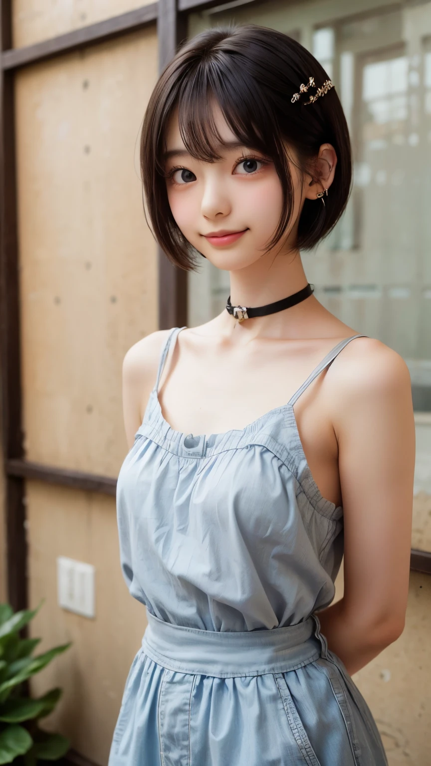 ((sfw: 1.4)), ((sfw, arms behind back, earrings, hairpin, choker, extra short hair, sidelocks-hair, smile, 1 girl)), ultra high resolution, (real: 1.4), RAW photo, highest quality, (photorealistic), focus ,Soft light,(()),((Japanese)),(((Young face))),(Surface),(Depth of field),Masterpiece,(Photoreal),Woman,Bangs,( (1 girl)