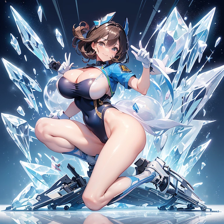 ((((whole body,Ice skater in police uniform, Sensual smile, 1 person)))、Skates、No background, One Young Woman, Police Officer,Ice-based weapons,Brown Hair, Eye Reflexes, Open Makeup, Attention to detail, Gothic art, reflected lightのレイトレーシング, Tabletop, Super Detail, Attention to detail, high quality, Better Quality, luxury, reflected light, Multiview, perspective, Ultra Wide Angle,Camel Toe、Giant tit、Nipple Puffs、Cleavage、Plump、Super big breasts、Super big butt、Ice crystals、Diamond dust