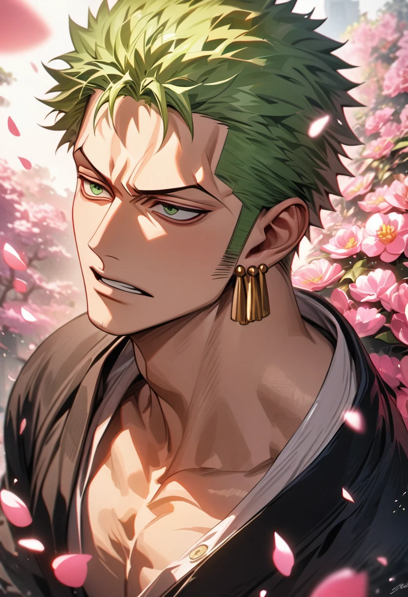 absurdres, highres, ultra detailed, HDR, masterpiece, extremely detailed face and eyes, Roronoa Zoro, green hair, expressive green eyes, One Piece, solo, man, handsome, black kimono, pink butterflies, pink petals, pink flowers