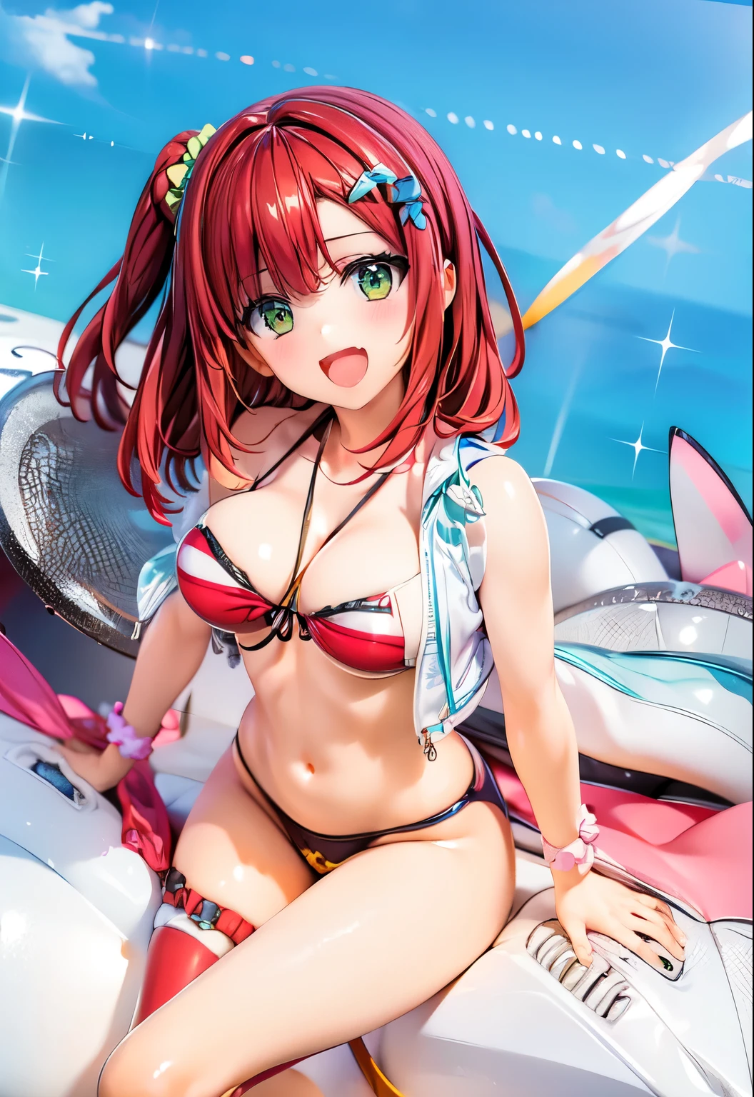 best quality, masterpiece, extremely detailed CG, official art , professional lighting, detailed background, sakimiyairuka, red hair, green eyes, one side up, medium hair, green scrunchie, hair ornament, gleaming skin, big breasts, micro bikini