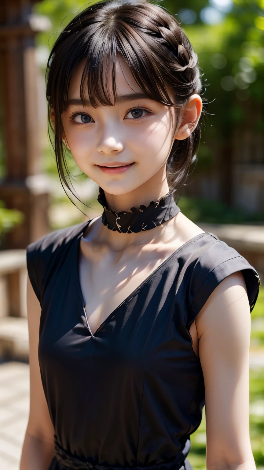 ((sfw: 1.4)), ((sfw, arms behind back, earrings, hairpin, choker, extra short hair, sidelocks-hair, smile, 1 girl)), ultra high resolution, (real: 1.4), RAW photo, highest quality, (photorealistic), focus ,Soft light,((15 years old)),((Japanese)),(((Young face))),(Surface),(Depth of field),Masterpiece,(Photoreal),Woman,Bangs,( (1 girl)
