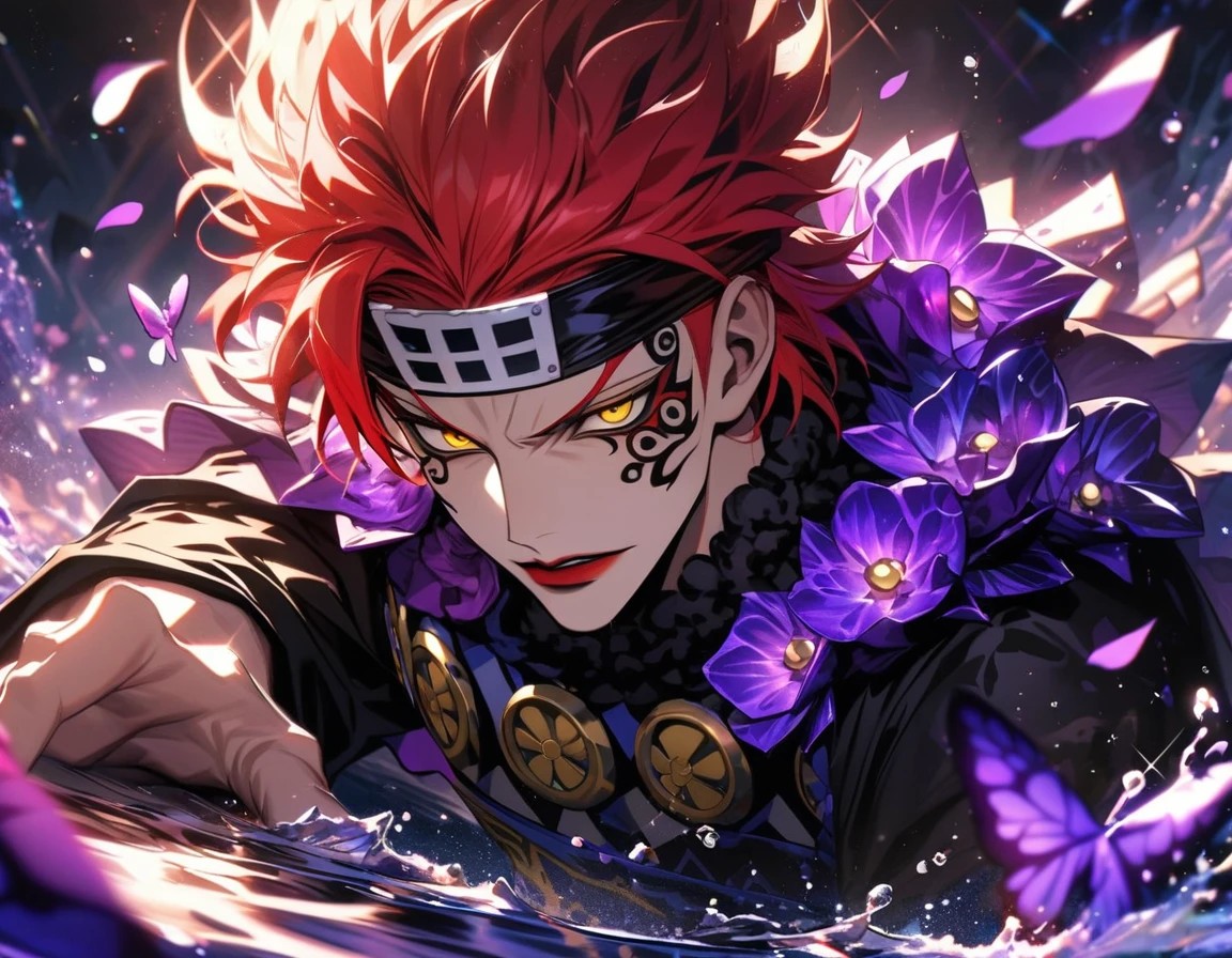 Ultra detailed, HDR, Highres, absurdres, master piece, Eustass ???, red hair, red lips, expressive yellow eyes, black clothes with patterns, One Piece, purple glittering butterflies, purple ice, petals, purple ice roses, sexy man, solo, extremely detailed face and eyes, handsome, glittering, water,