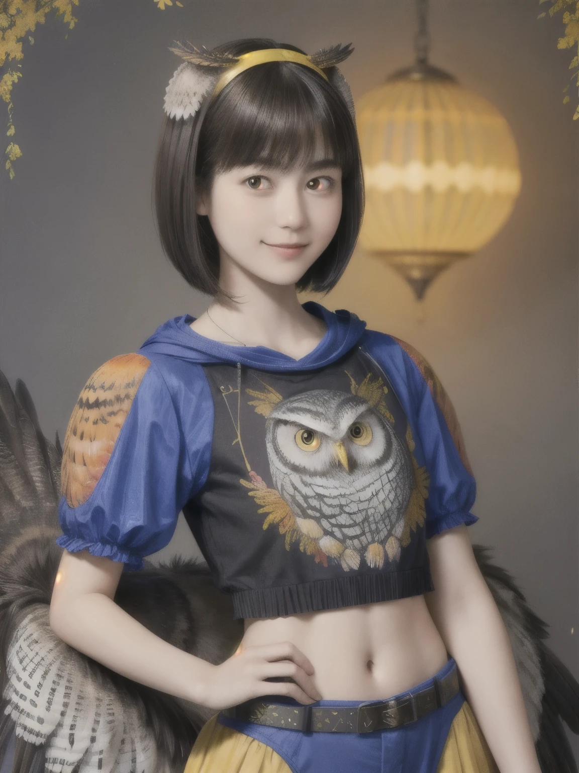 224 Short Hair, 20-year-old woman, A kind smile, (There are also colorful owls), (Rembrandt-style painting), ((machinery suit,Clothes with short sleeves)),I can see your abs