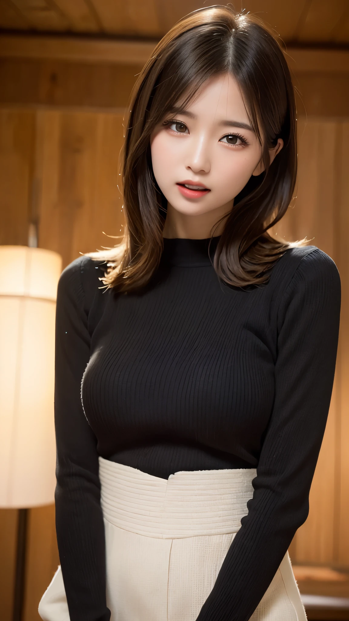 Tabletop, highest quality, figure, Very detailed, In detail, High resolution, 8k wallpaper, Perfect dynamic composition, Beautiful fine details, Natural Lip, long sleeve black knit dress, Small breasts, ランダムにcuteポーズ,RAW Photos,KPOP idol faces,cute,Face close-up,BREAK ceremony,((Random sexy poses、put in、Deep joy, Ecstatic eyes:1.2)), ((I gasp hard:1.2))、Ecstatic face、Climax expression, Through clenched teeth、My whole body is convulsing、Official Art,Very detailed CG Unity 8k 壁紙, (masterpiece:1.0),(highest quality:1.0), photo shoot, 8k, Browsing Caution, High resolution, Kodak Portrait 400, Film Grain, Lens flare brilliance,Very low camera angle, View your viewers