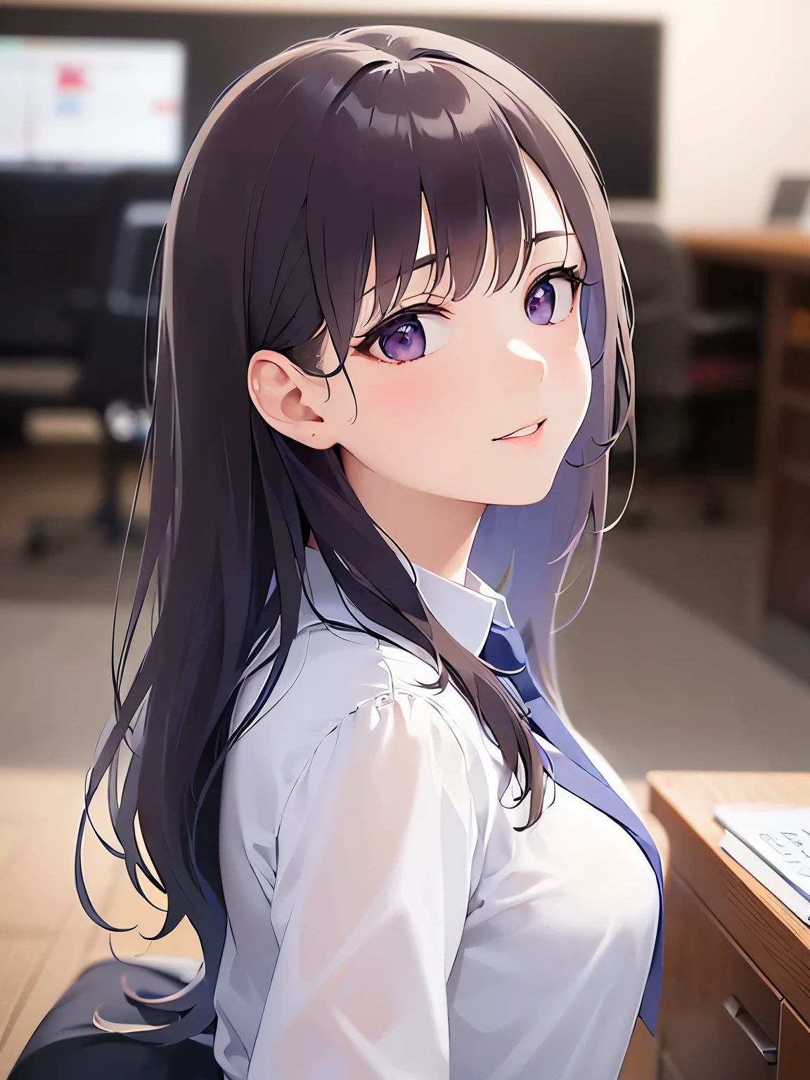 raising hand, Biologically correct five fingers、side angle, (looking away:1.5), Realistic, real person, (pale skin: 1.2), (RAW photo:1.5), photorealistic, shiny skin, shiny hair、(A 25-year-old woman with straight hair and bangs) and (medium hair) and (black hair) and (purple eyes) and (half eyes), business suit, smile, The background is an office conference room、alone、Are standing