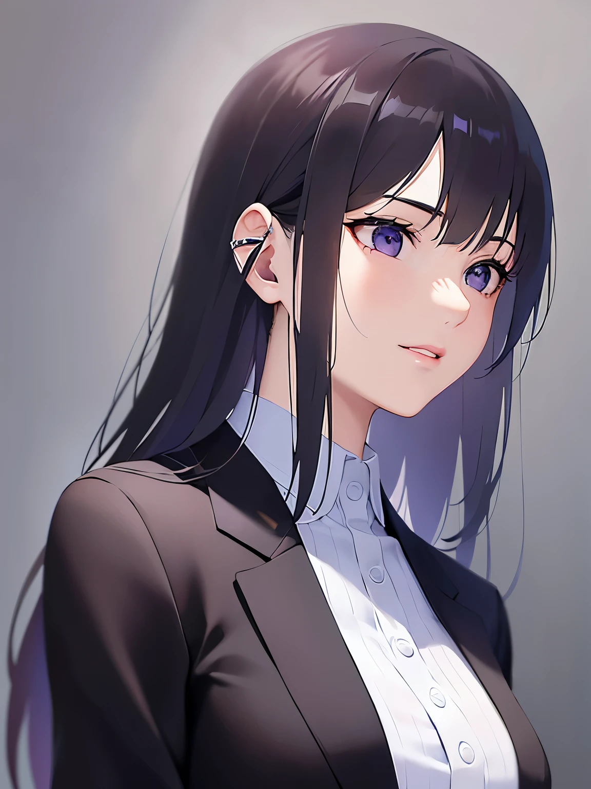 raising hand, Biologically correct five fingers、side angle, (looking away:1.5), Realistic, real person, (pale skin: 1.2), (RAW photo:1.5), photorealistic, shiny skin, shiny hair、(A 25-year-old woman with straight hair and bangs) and (medium hair) and (black hair) and (purple eyes) and (half eyes), business suit, smile, The background is an office conference room、alone、Are standing