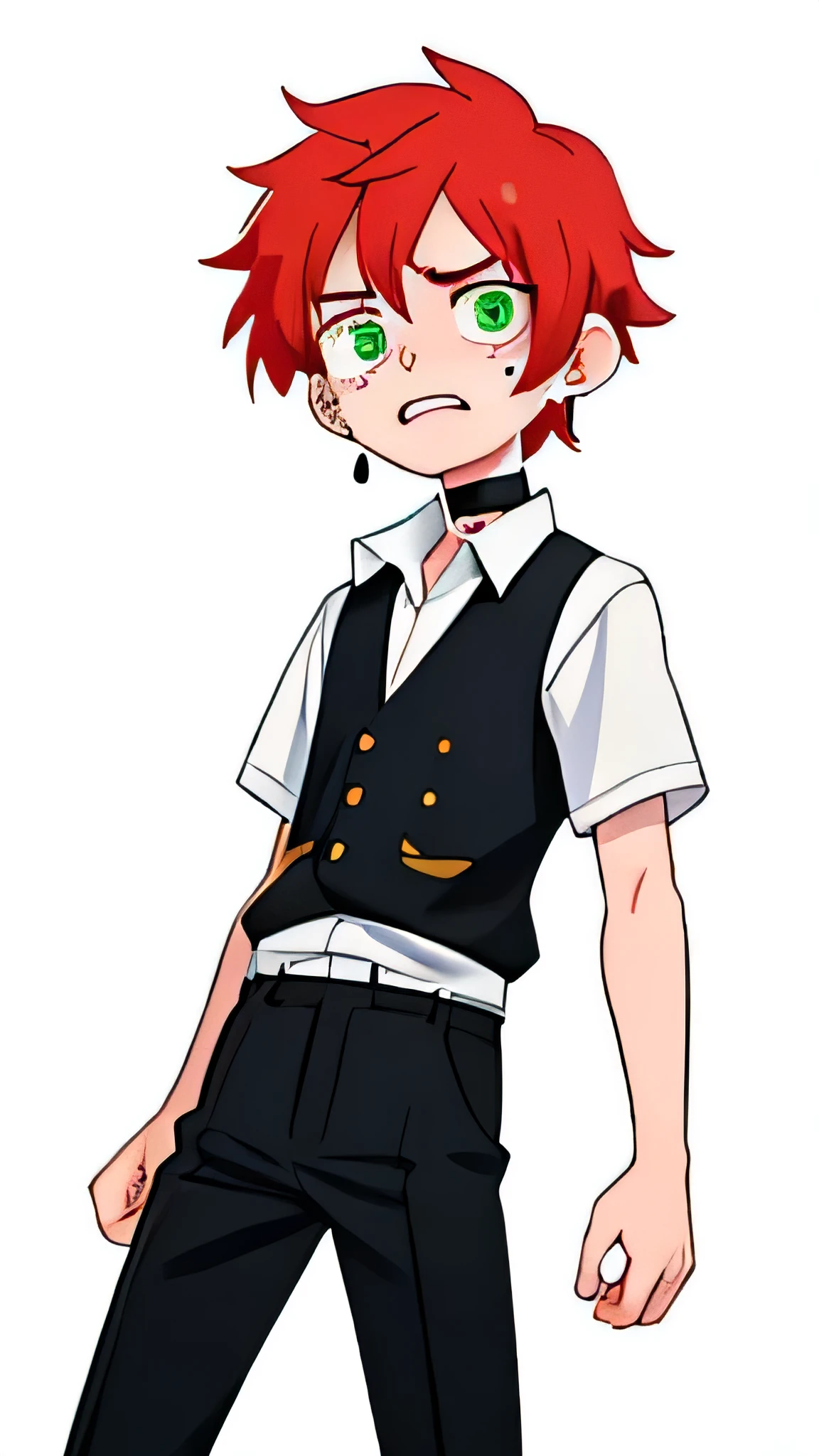 Red haired guy anime, looking at the camera,Short Hair,choker, Red choker,Silver batten mark earrings,White shirt, Hopeless, Desperate, Despair face,Fantasy, teeth, With eyes wide open, Green Eyes,Lightless Eyes,Illness,dark,dark,Look sick, crazy,tears,Sad Face,Red Tears,uniform,Black uniform,Black trousers