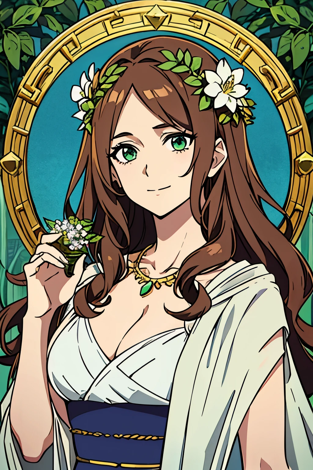(high-quality, breathtaking),(expressive eyes, perfect face) 1girl, female, solo, portrait, adult, Symmetrical Eyes, hourglass body, brown hair color, long hair length, tied back stylized hairstyle, wavy curly hair, upper body, green eyes, positive expression, charming smile, detailed eyes, garden, Molly Flowers, spring, Greek Clothes, Ancient Greek Clothes, Greek Goddess, Mature woman, enchantress, beautiful, hair flower, vivid colors, Circe Greek Myth, necklace
