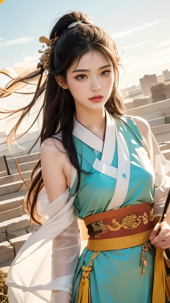 (original photo, best quality), (actual, photo-actual:1.3),best quality,Very detailed,masterpiece,Ultra Detailed,illustration,1 girl,Predominant_Body,Dynamic Angle,world masterpiece theater,messy_long_hair,best quality,Extremely detailed CG Unity 8K wallpaper,ink,amazing,light,lens_Flare,,Dunhuang_style，Hanfu