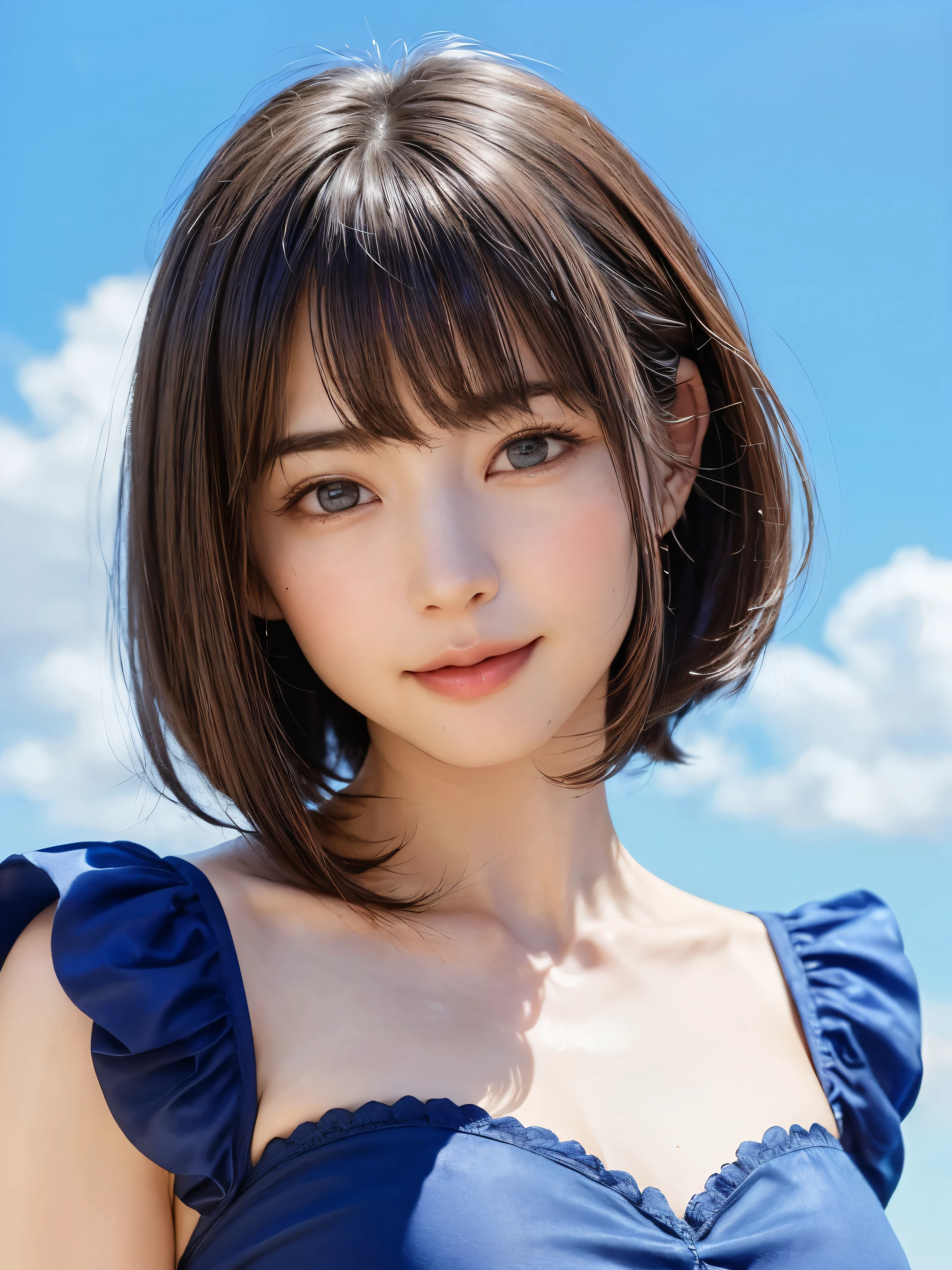 (masterpiece:1.8, highest quality:1.8),1 girl, alone:2, hyper Realistic, Realistic,Realistic, Watch the audience closely, Light brown eyes:1.8,Brunette Short Bob Hair with highly detailed shiny hair, Let&#39;s dress up and feel the spring fashion:1.4, Lepangas:1.4), Mouth closed, Upper Body、big chest eye、eyelash、{Hugeな|big chest|Hugeなな|Mega} whole :2, chestの谷間:2、(((Add highlights to the eyes:1.6、big chest eye、Short Bob Hair、Beautiful white shiny skin:1.4、She is very 美しい and cute、Show me your ears、Beautiful long neck、smile、Close your mouth and smile、Bangs and beautiful teeth)))、Ideal body type、((Beautiful blue sky background:2、 Blue sky background with beautiful clouds:2、Gradient blue sky background:2))、Beautiful long neck:1.4、(({Huge|big|Hugeな|Mega} chest, chestの谷間:2))、(((Portraiture:2、Face close-up:2、Face close-up:2、Dutch Angle Shot、Elevation)))、Perfect Anatomy