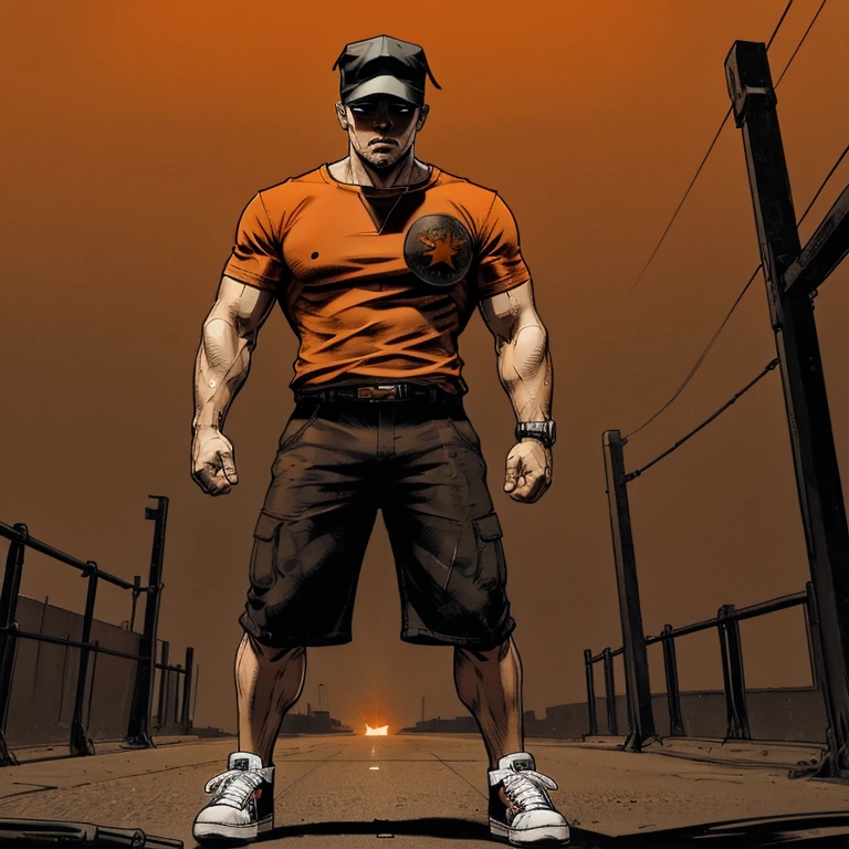  Man darkened face cap and Long long shorts with sachets on the sides and converse sneakers Heroic Presence Serious and strong pose Regular orange T-shirt 