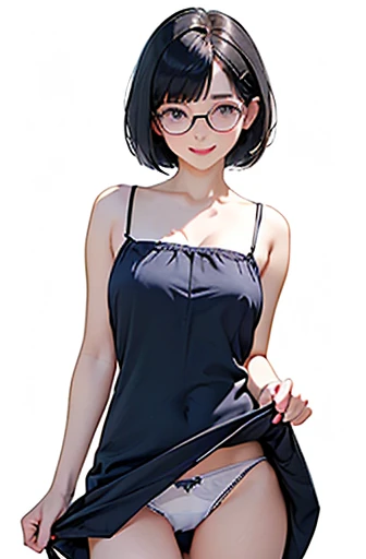 (masterpiece), (8k, best quality, high resolution), (ultra-detailed, realistic), (anatomically correct),  
((from head to thighs)), (Standing), (No background),
(1woman),  (looking at viewer), (pull the dress up to the navel), 
(A Japanese woman, 30 years old and 155cm tall), 
(black hair), (straight hair), (short hair style), ((bob cut)), (hair behind ears), 
(wear glasses), ((black cell frame glasses)), 
((Wear a navy blue spaghetti strap dress)), ((Mini length dress with a simple design and minimal decoration)), 
(wear panties), ((white panties)), 
(Create a detailed image of the eye), 
(Her impression is pure, clean and kind.), 
((A captivating smile, just showing a few teeth.)), 　 
