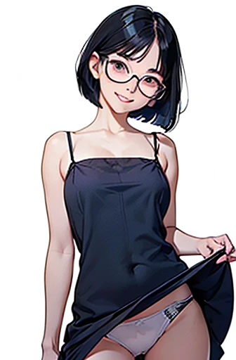 (masterpiece), (8k, best quality, high resolution), (ultra-detailed, realistic), (anatomically correct),
((from head to thighs)), (Standing), (No background),
(1woman), (looking at viewer), (pull the dress up to the navel),
(A Japanese woman, 30 years old and 155cm tall),
(black hair), (straight hair), (short hair style), ((bob cut)), (hair behind ears),
(wear glasses), ((black cell frame glasses)),
((Wear a navy blue spaghetti strap dress)), ((Mini length dress with a simple design and minimal decoration)),
(wear panties), ((white panties)),
(Create a detailed image of the eye),
(Her impression is pure, clean and kind.),
((A captivating smile, just showing a few teeth.)),