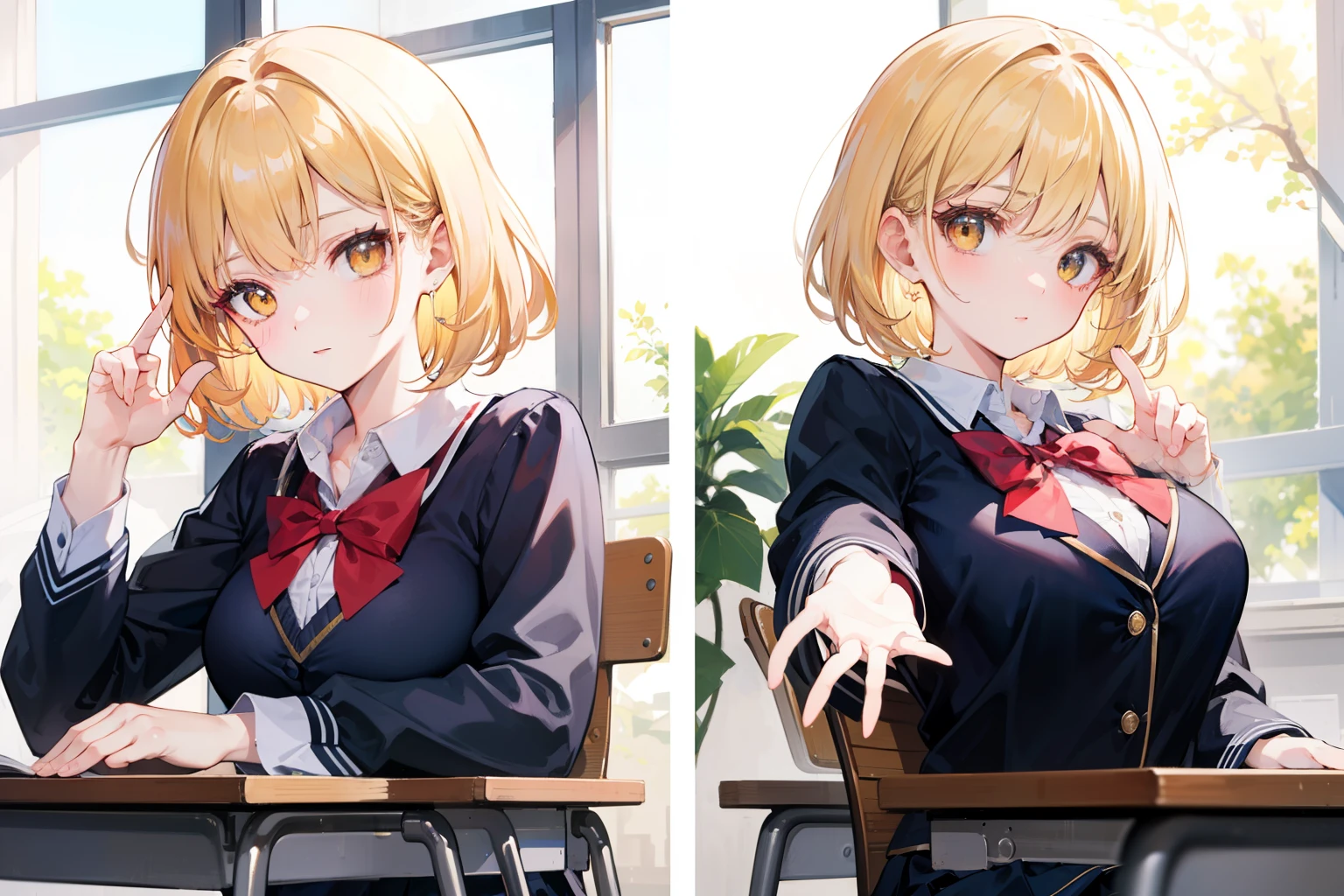 Dynamic posing, dynamic angle, Arrange pose,Top quality work, (short golden hair),(golden eyes), Rose cheeks, Pretty Face, A perfectly proportioned face, school shirt with red bow and black skirt, (school uniform), white stockings,in classroom, amazing, Large round chest、Beautiful eye details、Beautiful eyelashes、beautiful double eyelid, with blush cheeks, talking to viewer, multiple faces with different expressions
