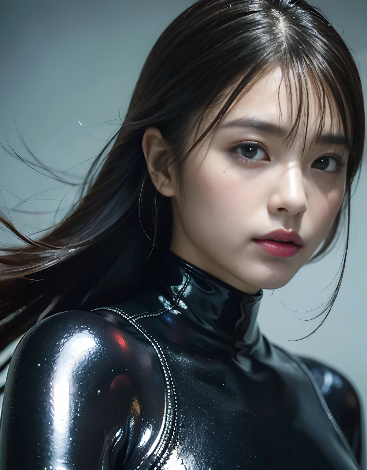 (1 girl)、highest quality、masterpiece、超A high resolution、(Photorealistic:1.4)、RAW Photos、1 girl、Wet Hair、Sweat、(Wearing a super shiny wetsuit)、Female scuba diver、Long sleeve、Diving Gloves、Portraiture、Close-up、Shadow、Octane Rendering、8k、Ultra Sharp、Metal、Intricate decorative details、Onboard Details、Very intricate detail、Realistic Light、(Mysterious look)、Shining Eyes、To the camera、Small LED