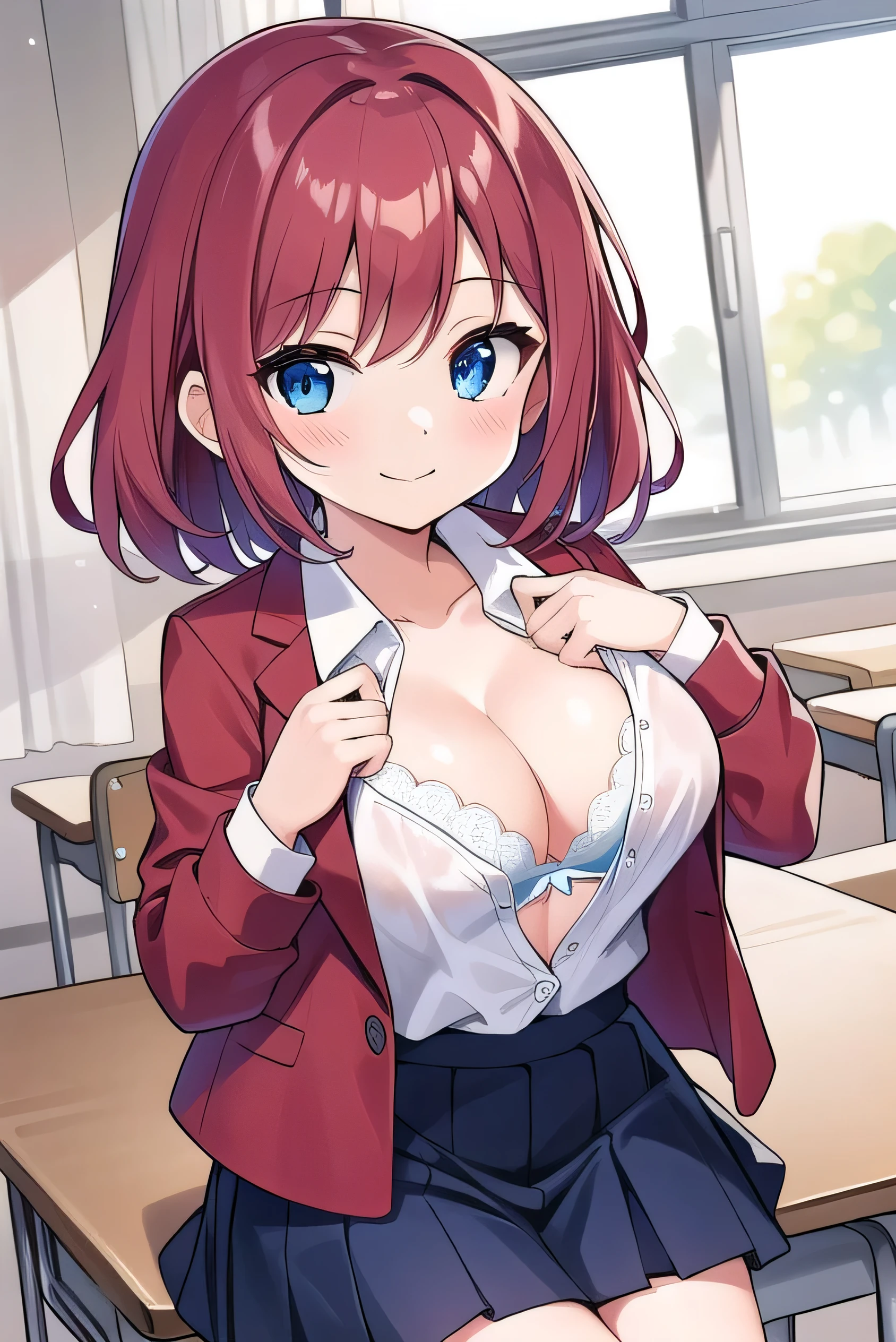 Big breasts, red hair, blue eyes, droopy eyes, red jacket, long sleeves, navy skirt, , super big breasts, (medium hair: 1), baggy clothes, elementary school studentt, 10 years old, old, shy Agari, smiling a little, trtton his shirt the classroom, white shirt, soft hair,her bra is visible,straight hair