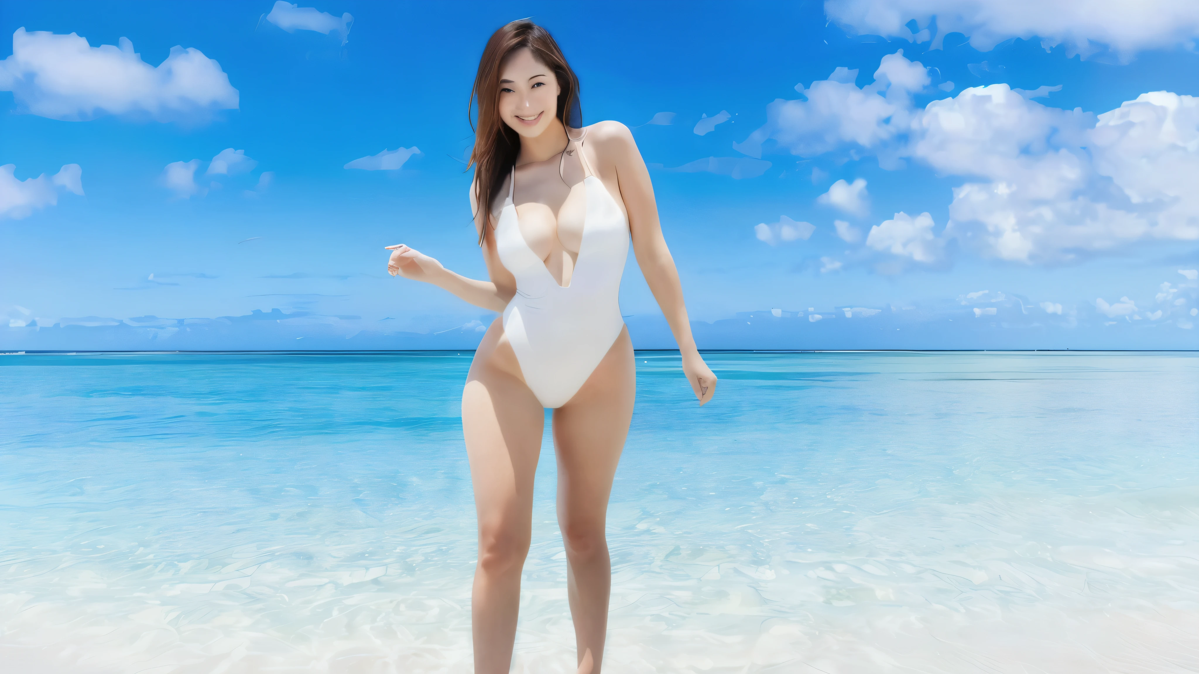 there is a woman in a white Swimwear standing on the beach, is wearing a Swimwear, Swimwear, Yoshitomo Nara, deayami kojima, aoshima chiho, Photorealistic perfect body, It's hot with the shining sun, Cute girl in a tank top, Swimwear model, Swimwear, wet Swimwear, Anaglyph Effect Ayami Kojima