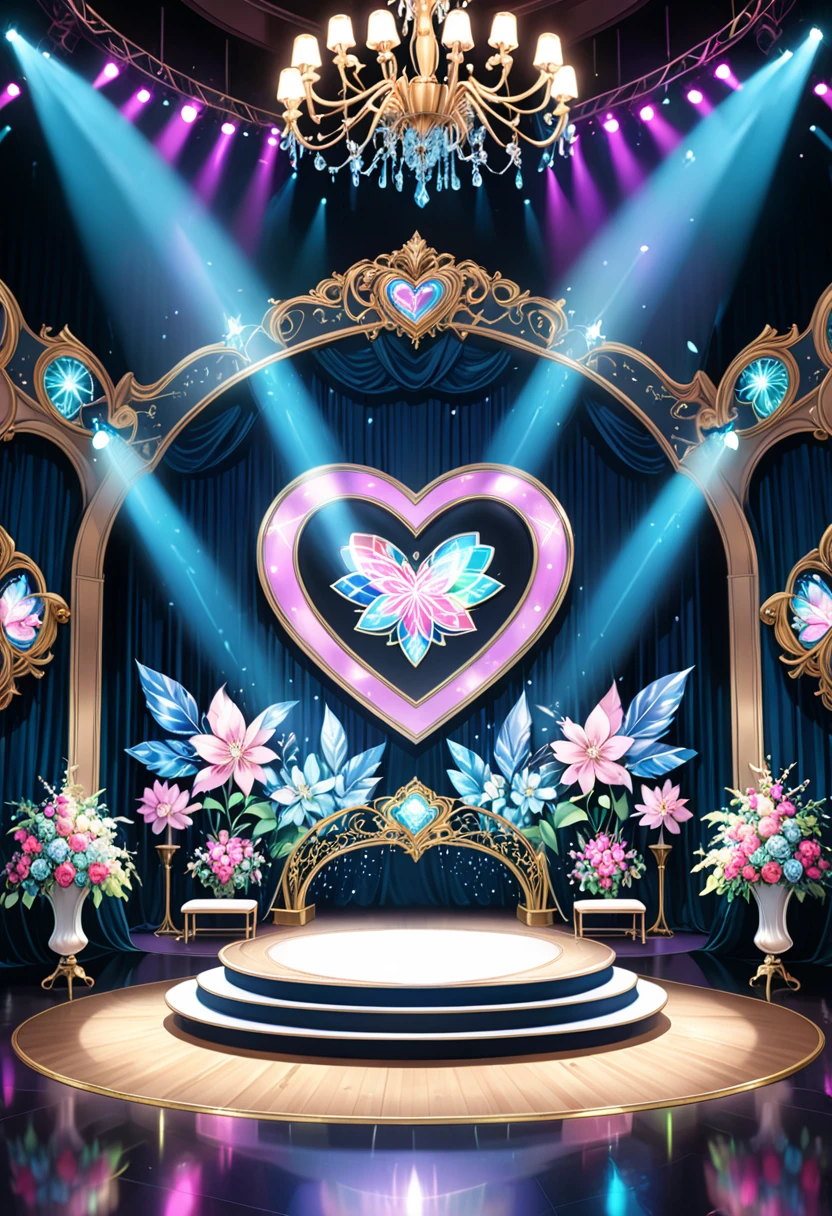 There is a stage,Neon,stage lighting,rich and colorful,vase,Flowers,curtain,crystal Light,With heart shaped stage curtain and benches, Ballroom Background, Stage Background, chandelier,Anime Background Art, Ballroom Background, Anime style, Kingdom of Light Background,dazzling stage, Stadium Background, rich and colorful动漫背景, Stunning mysterious background, stage, anime background, ch, ( ( stage light ) ), light,rich and colorful,Light shining on the floor