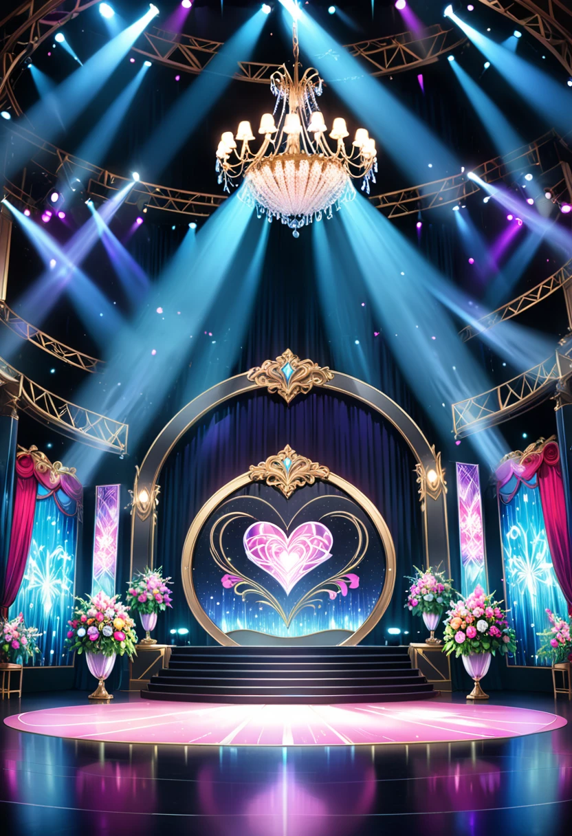 There is a stage,Neon,stage lighting,rich and colorful,vase,Flowers,curtain,crystal Light,With heart shaped stage curtain and benches, Ballroom Background, Stage Background, chandelier,Anime Background Art, Ballroom Background, Anime style, Kingdom of Light Background,dazzling stage, Stadium Background, rich and colorful动漫背景, Stunning mysterious background, stage, anime background, ch, ( ( stage light ) ), light,rich and colorful,Light shining on the floor