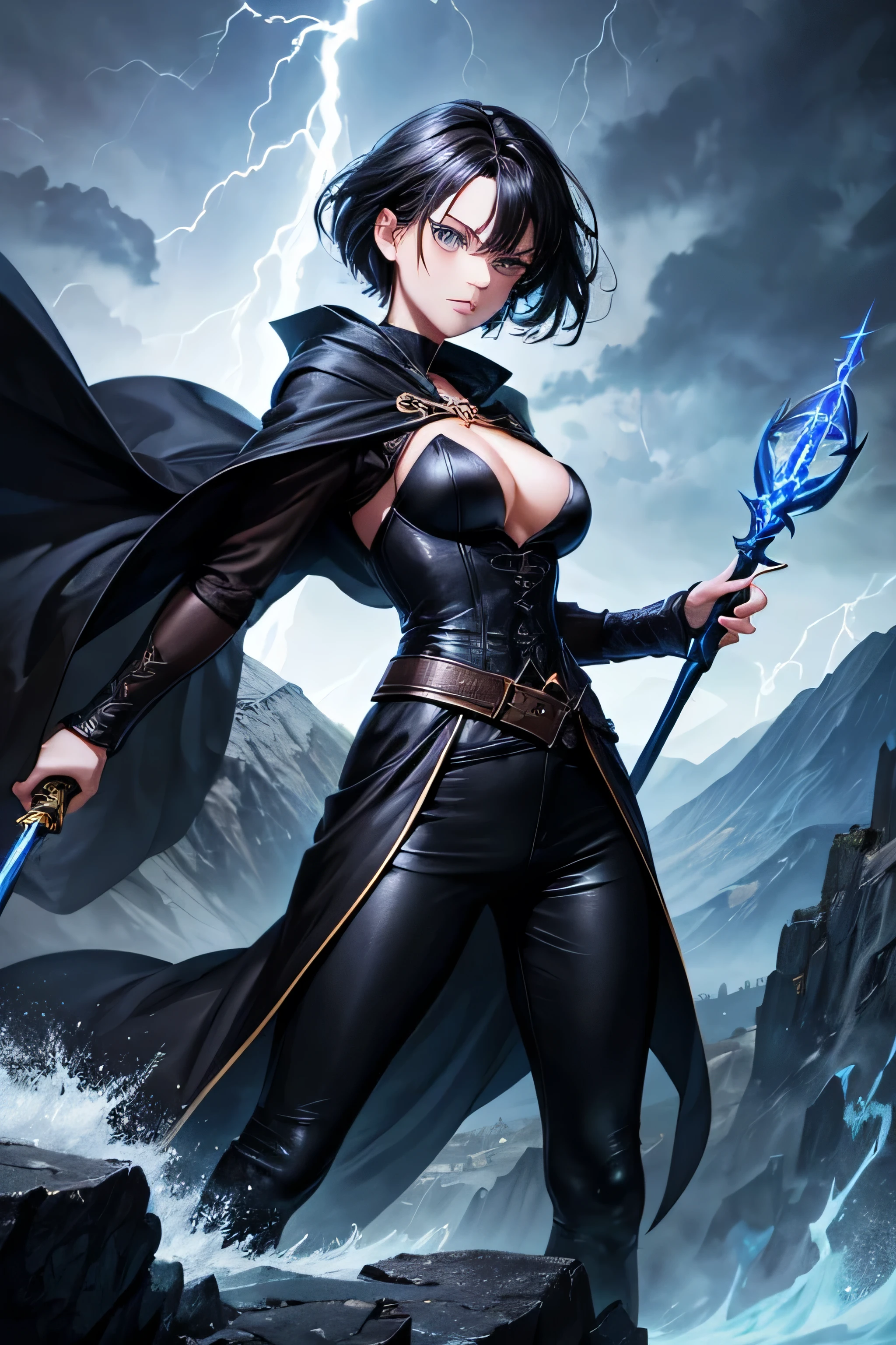 1girl, highly detailed, masterpiece, best quality, correct hands, short black hair, blue eyes, black robes, black pants, blue shirt, black vest, medium breasts, defined curves, smug look, satisfied look, mountain background, storm, lightning, holding a sword, staff, floating, stormy atmosphere, surrounded by lightning, flying