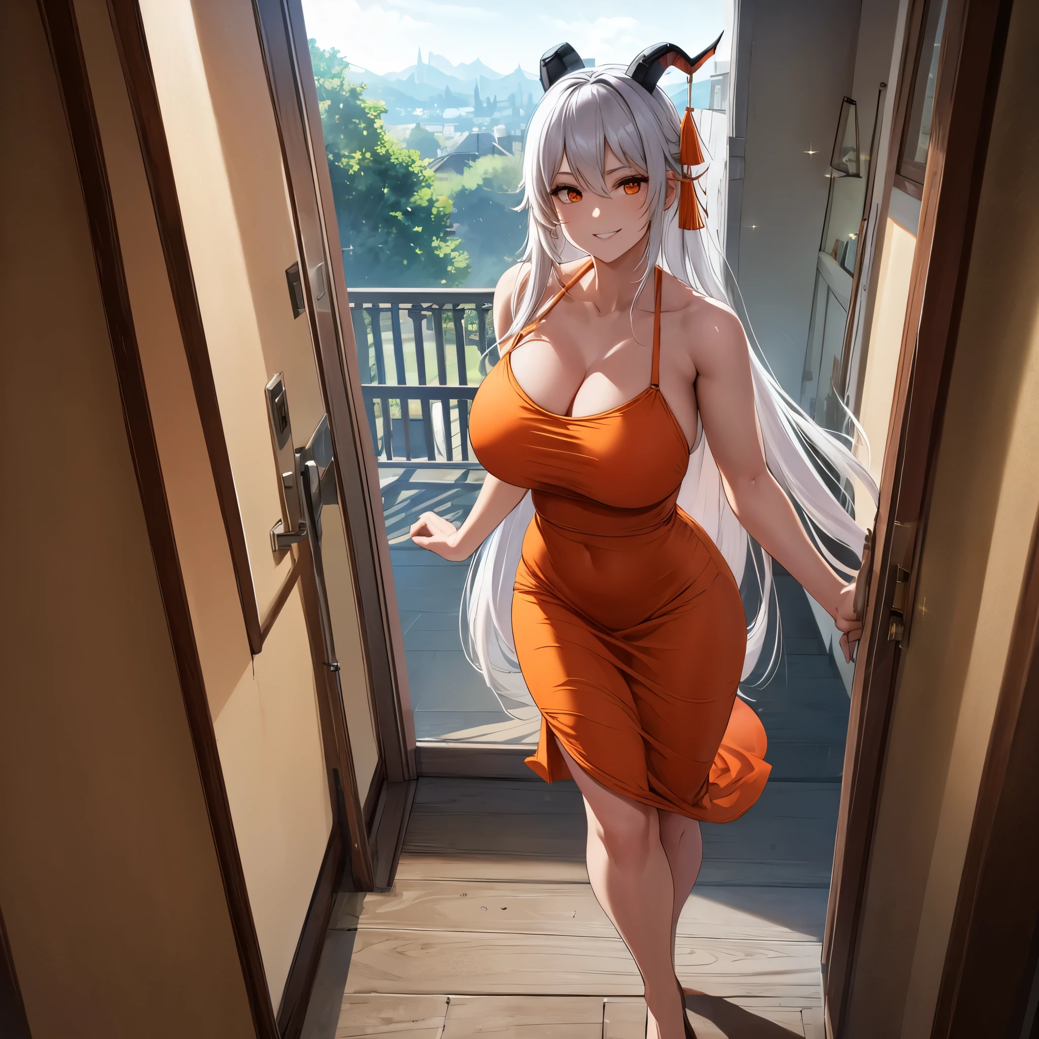 A woman wearing an orange dress, empty shoulders, long white hair, red bangs, horns, orange eyes, smiling, walking on the floor of the second floor of a house with a view outside the modern house, with a view of forest and other houses, body whole, big breast, night place, place lightinganaglyph, stereogram, tachi-e, pov, atmospheric perspective, high detail, Luminism, Hyperrealism, sparkle, 8k, super detail, ccurate, best quality, highres, award winning, anatomically correct