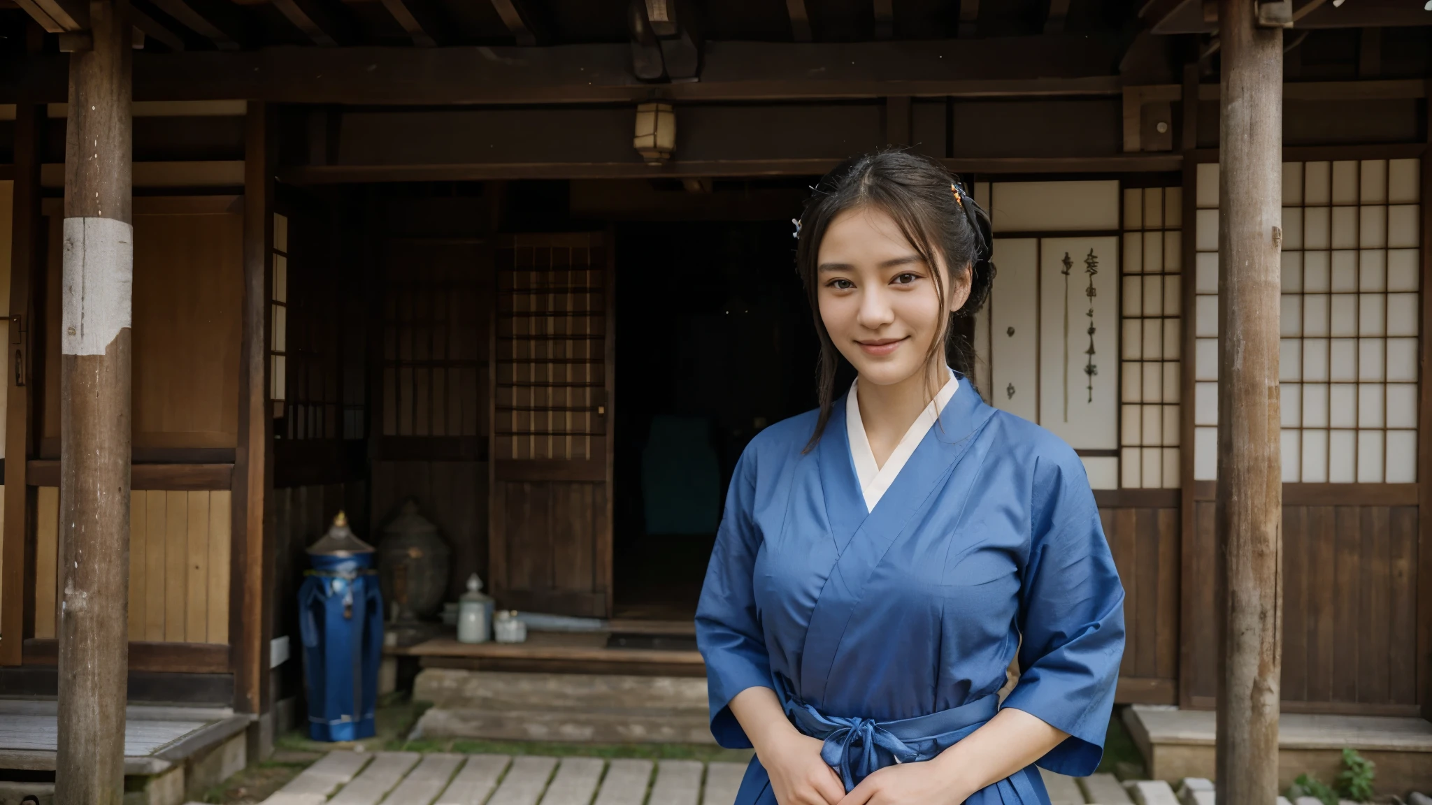 an elegant and beautiful woman is smiling sweetly facing the camera, wearing blue traditional Japanese clothing, in the photo there is a rural background with a peaceful atmosphere,