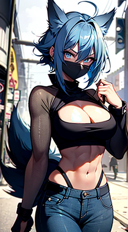 1girl, short_rebellious_hairblue_hair, blue_eyes, scary_eyes, short_hair, expression would be, looking_at_vi ewer, holding, shirt, pant, animal_ears, blue_ ears, wolf_woman, blue_tail, body_perfect, Milf_body, female_body_muscular, scar_on_thighs, scar_on_the abdomen, hunter_outfit_black
