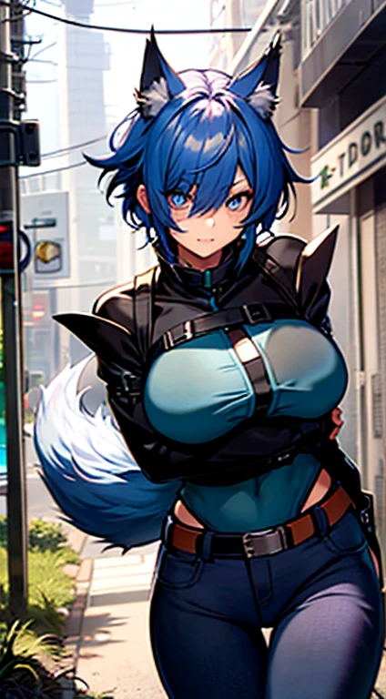 1girl, short_rebellious_hairblue_hair, blue_eyes, scary_eyes, short_hair, expression would be, looking_at_vi ewer, holding, shirt, pant, animal_ears, blue_ ears, wolf_woman, blue_tail, body_perfect, Milf_body, female_body_muscular, scar_on_thighs, scar_on_the abdomen, hunter_outfit_black