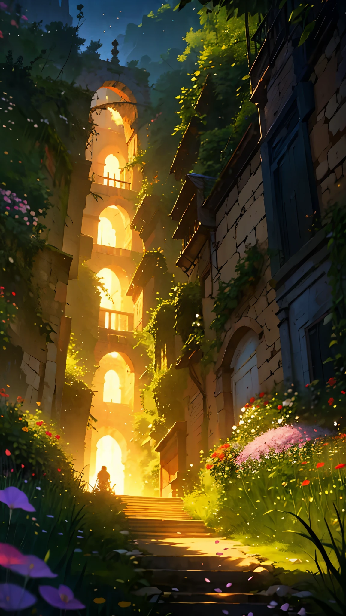 masterpiece, serene fantasy world, no humans, landscape, full of flowers, petals dance, gentle light, panoramic view