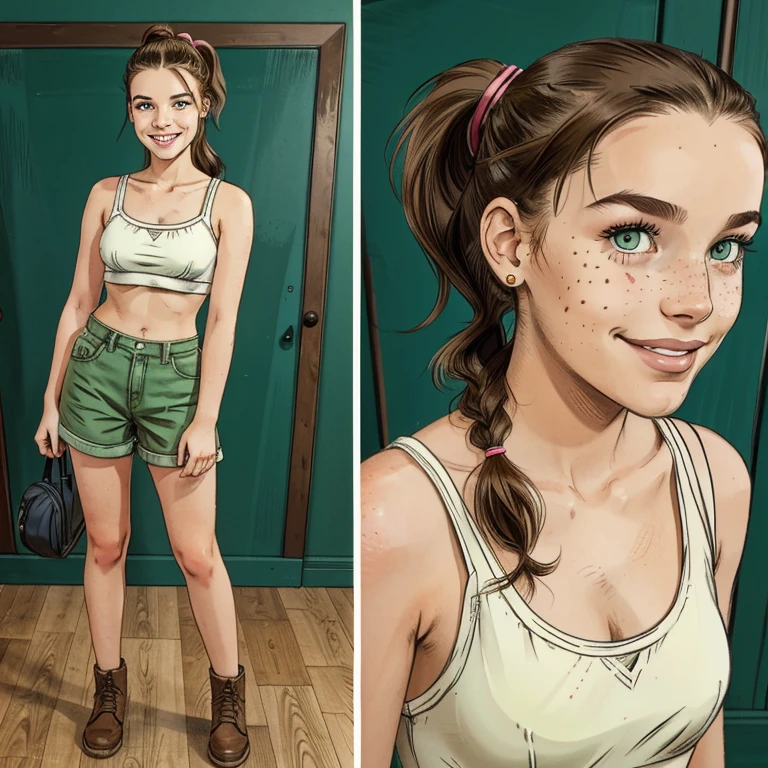 Teen girl with a ponytail, freckles, green eyes and brown hair Very feminine face Full Body Full Body Standing Smiling