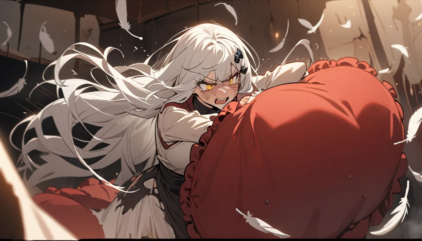 A woman, flowing white hair, melancholy eyes, yellow pupils, black diamond-shaped hairpin, A woman is cutting up a Tattered super huge red silk cushion with scissors in a dirty way. Tiny feathers are dancing, angry